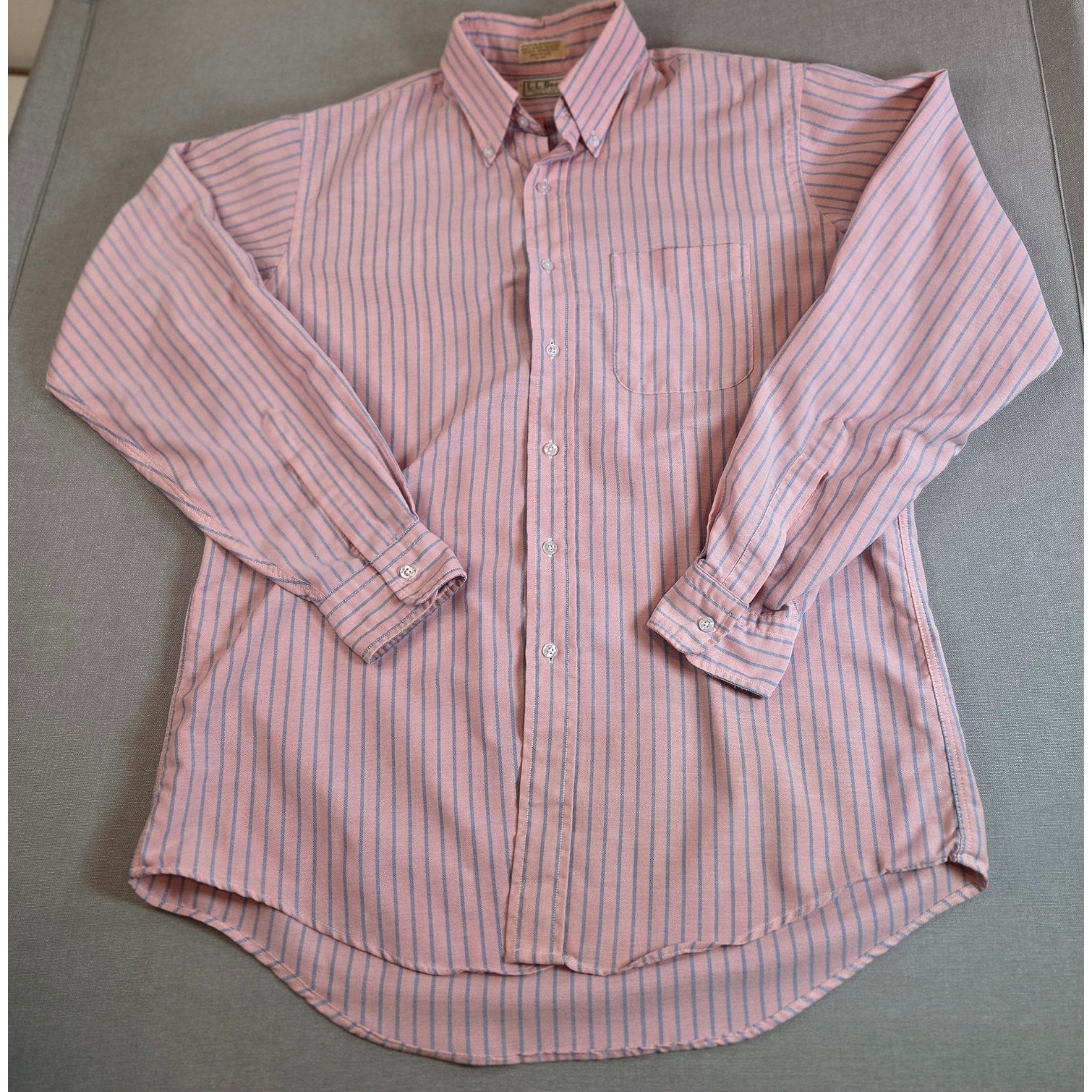 Vintage 90s L.L. Bean USA Made Pink Blue Stripe Shirt 16-35 Single Needle