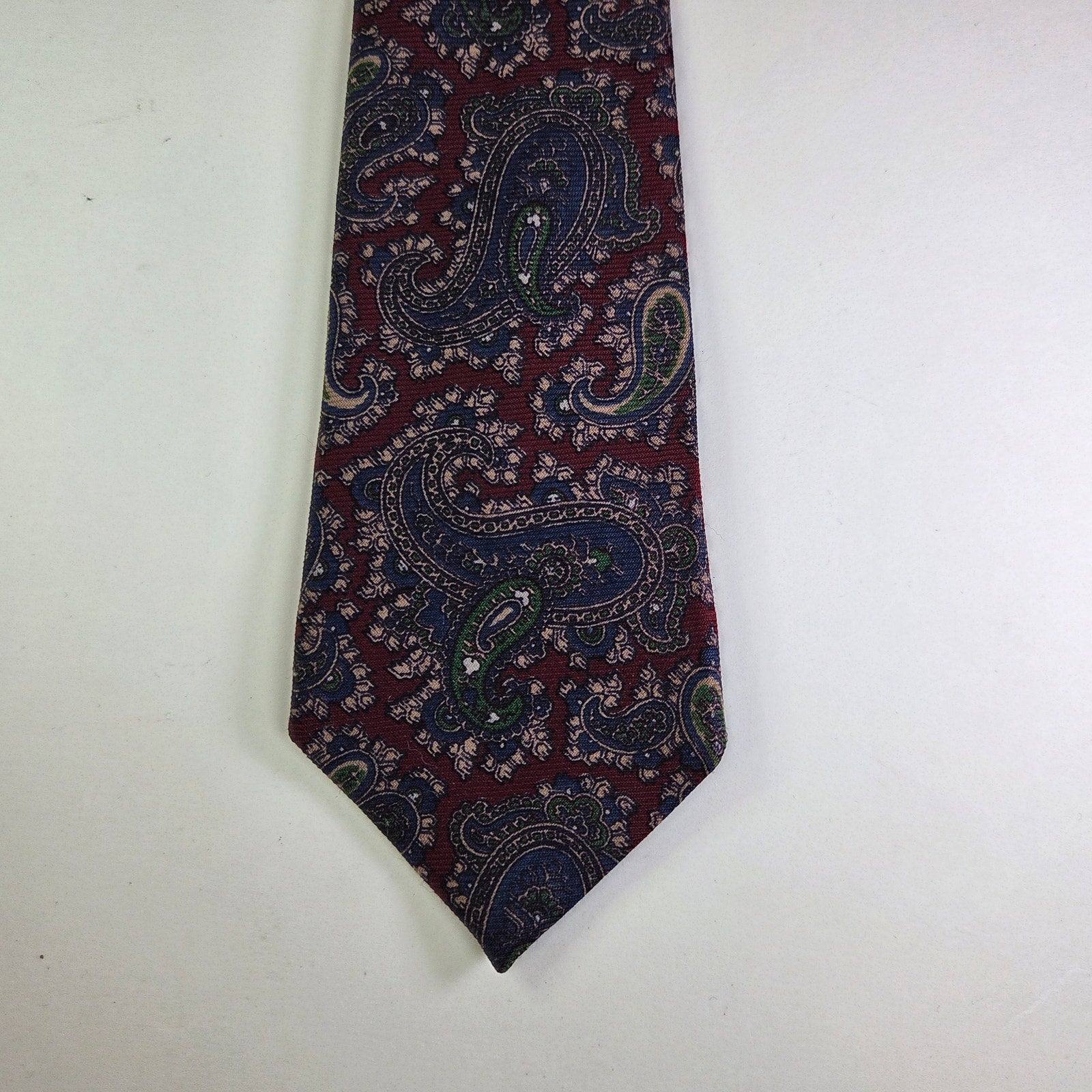 Marshall Field’s Made in England Wool Paisley Tie Burgundy Green Blue 3.25” Wide