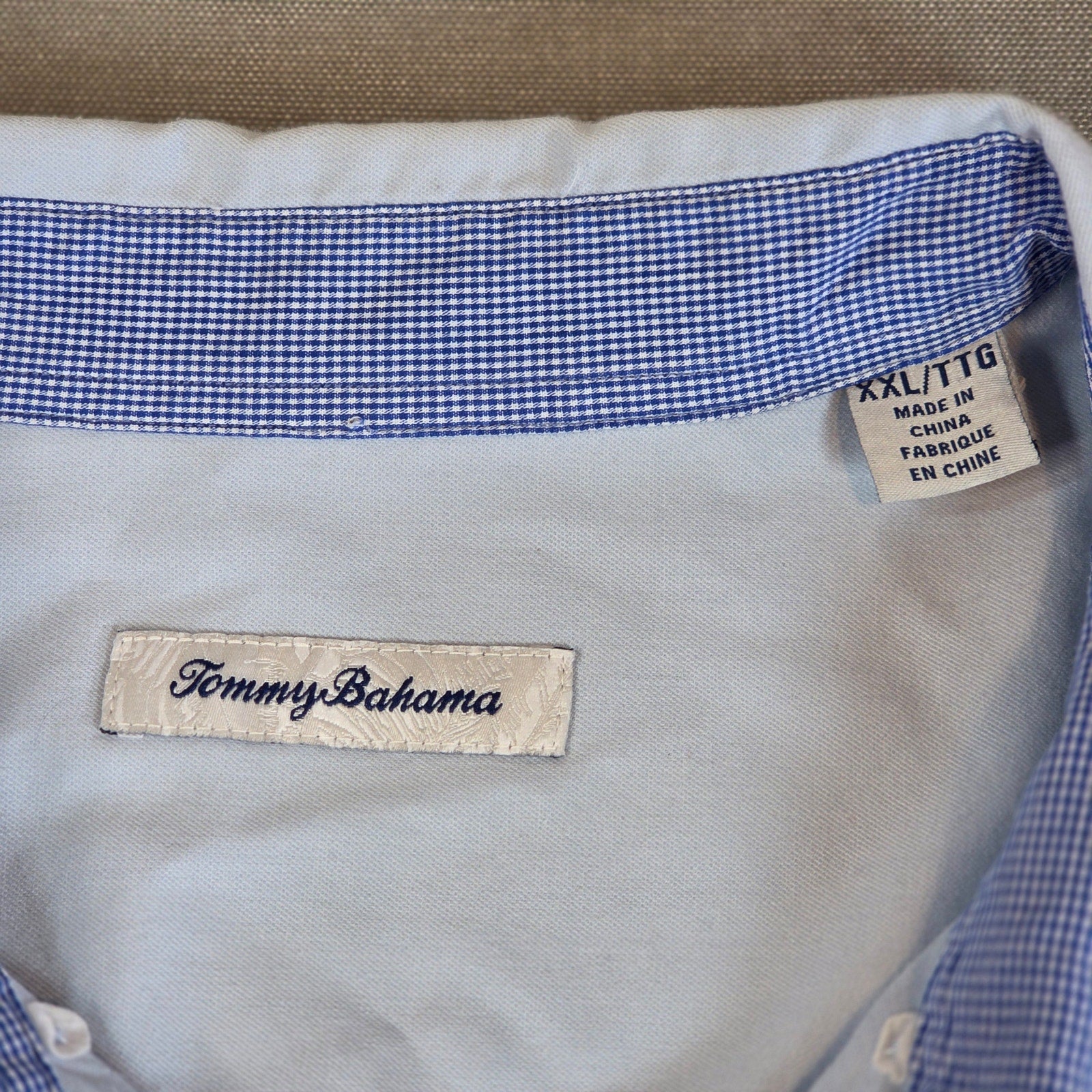Tommy Bahama XXL Cotton Silk Blend Button Up Shirt Blue Gingham Cuff Detail