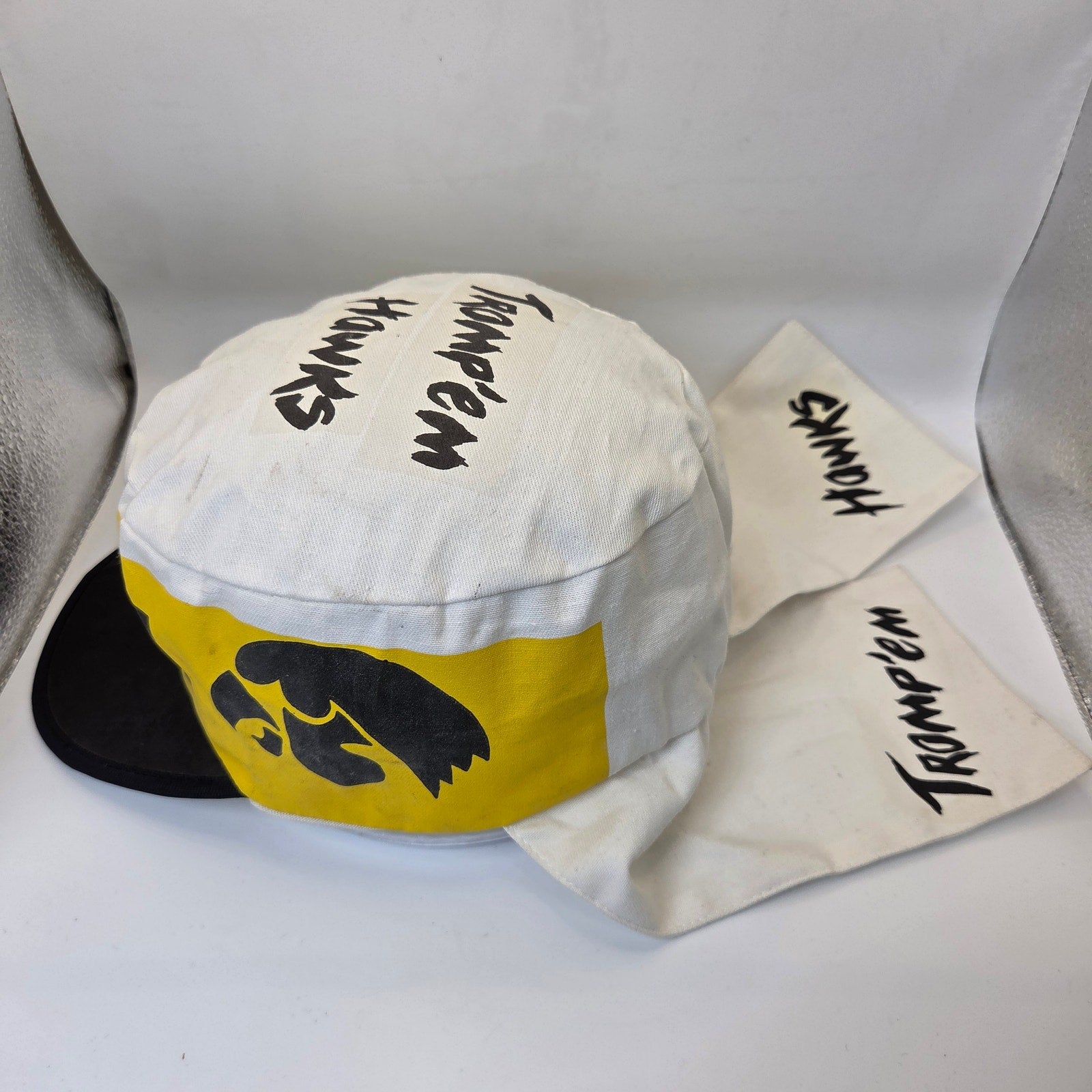 Vintage Iowa Hawkeyes Tromp’em Hawks Two-Tail Hat OSFA Made USA Black Yellow