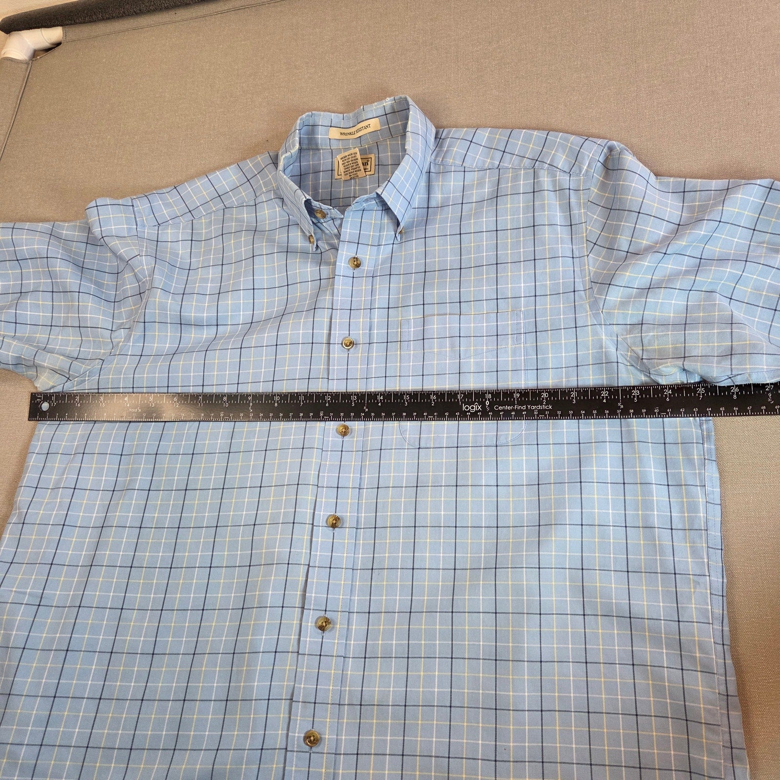 LL Bean Mens L Wrinkle Resistant Short Sleeve Shirt Blue Plaid Cotton Malaysia