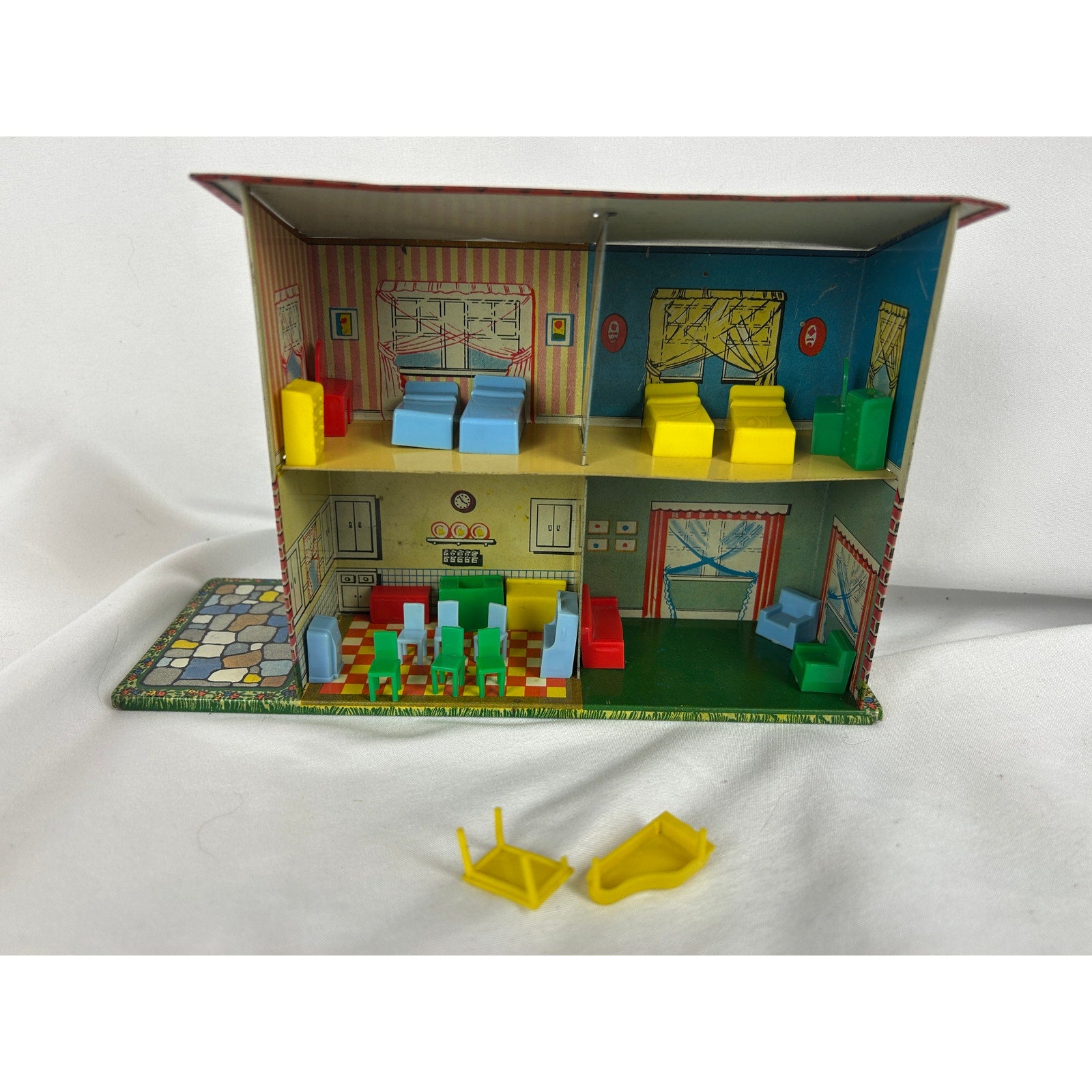 Vintage 1950s Ohio Art Midget Manor Dollhouse Tin Litho With Most Furniture