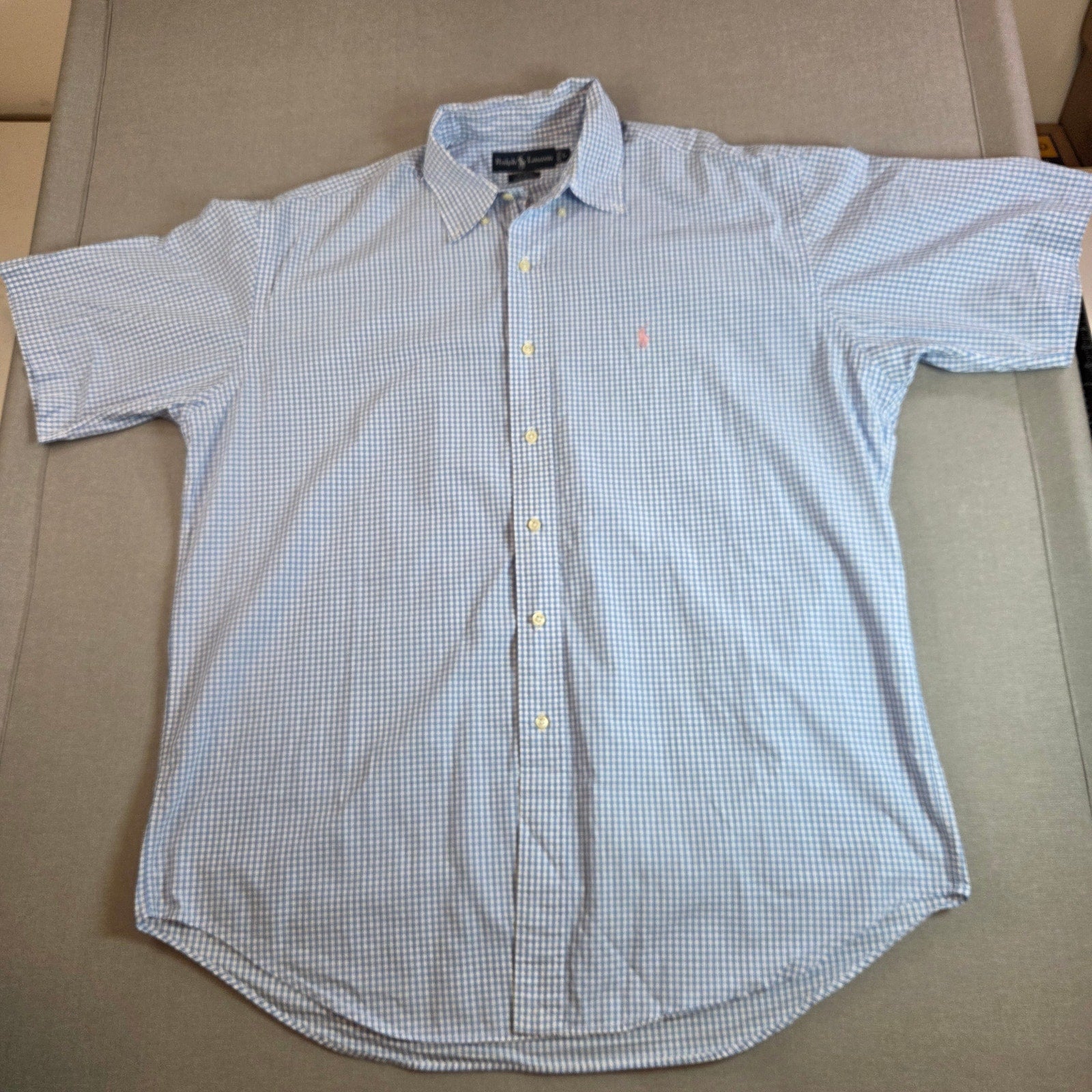 Ralph Lauren Blake Blue Check Short Sleeve Button Down Shirt L Cotton