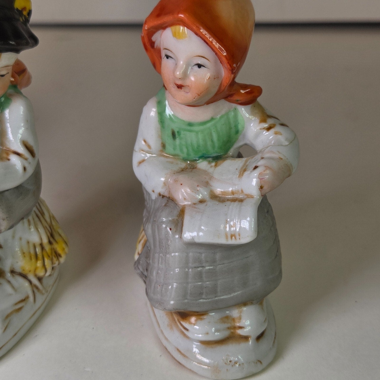 Vintage Japan Boy Playing Flute & Girl Sitting Ceramic Figurines 3.5in Pair