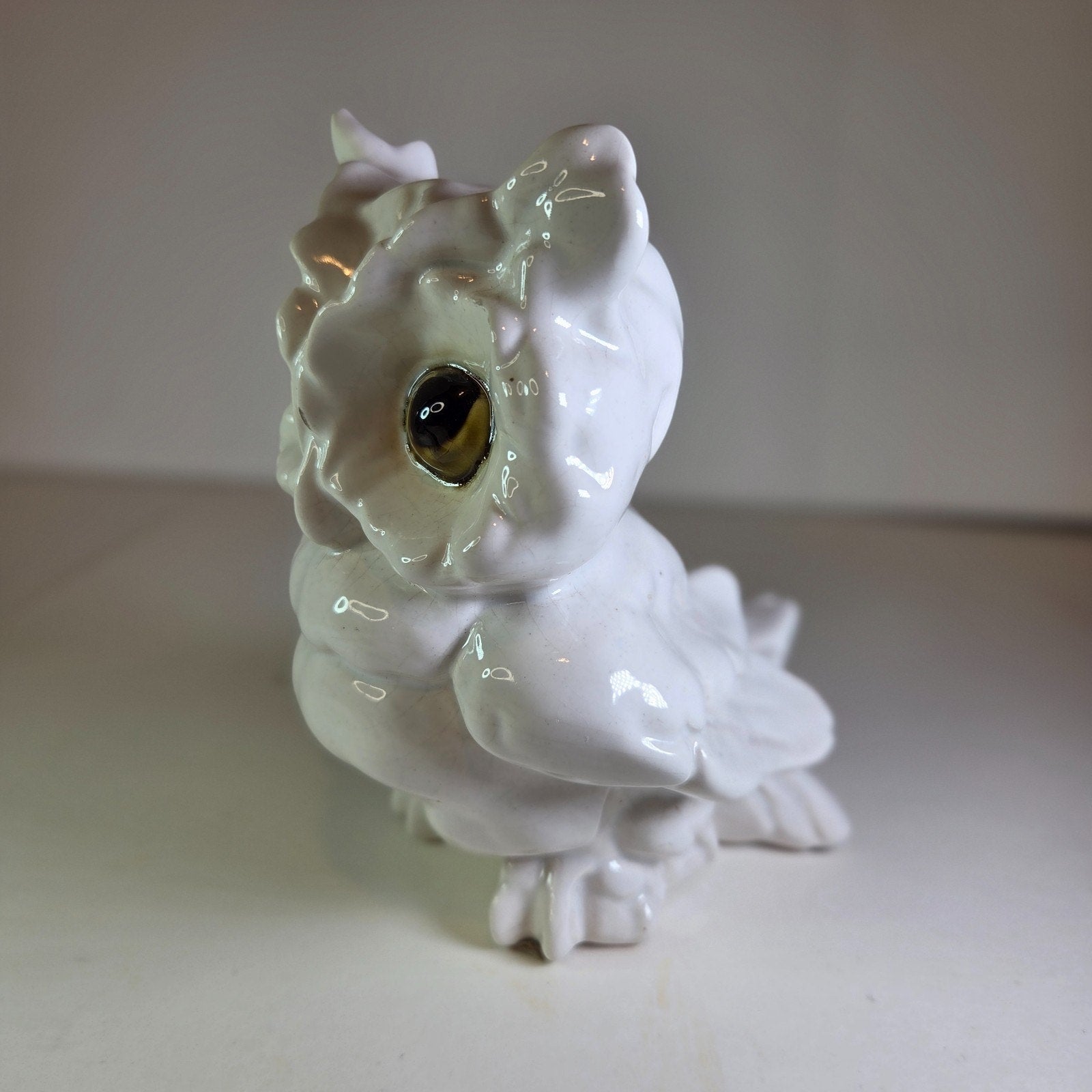 Vintage White Ceramic Owl Figurine Mid-Century Style Big Eyes 5.75" Tall