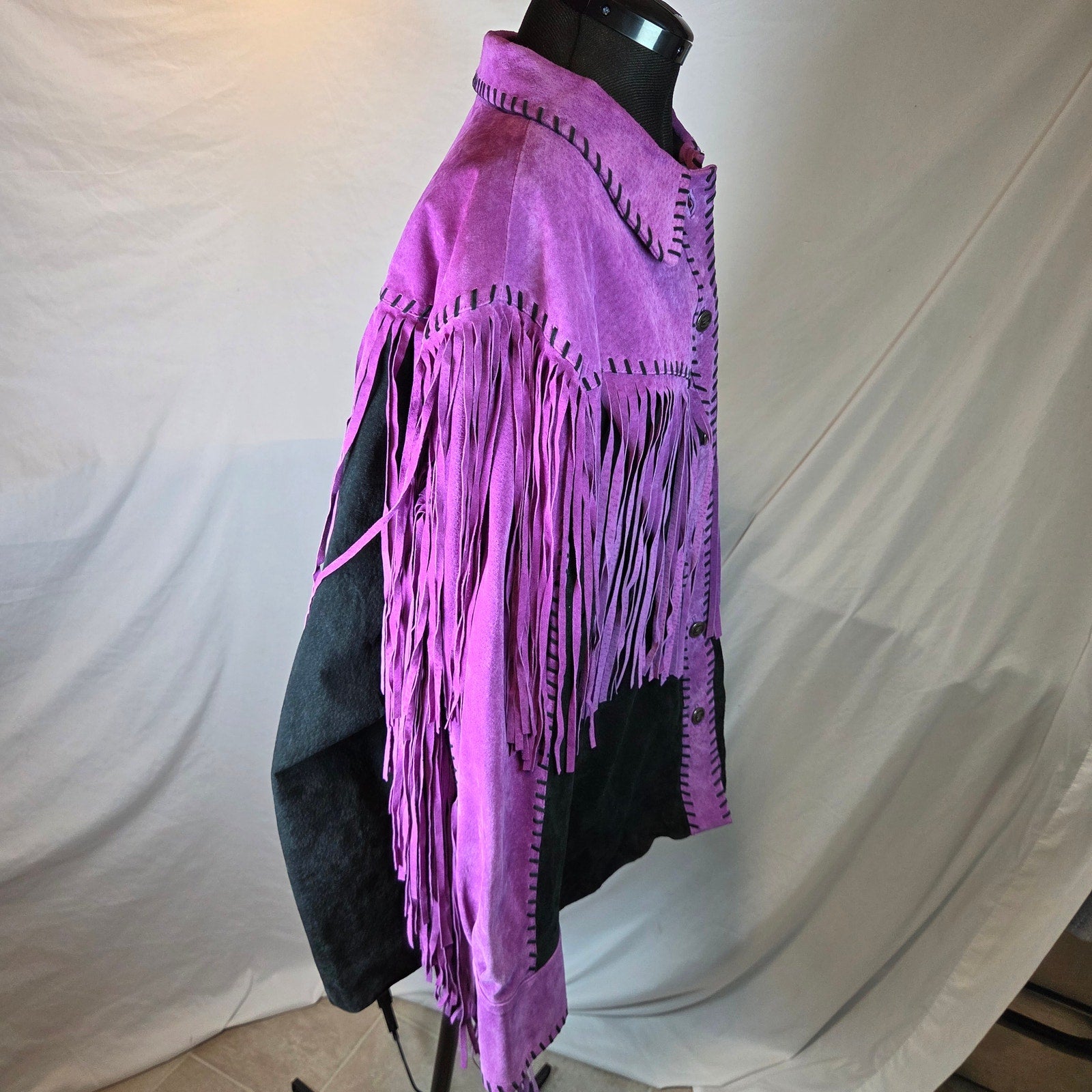 Bob Mackie Wearable Art 2X Leather Fringe Western Jacket Purple Black