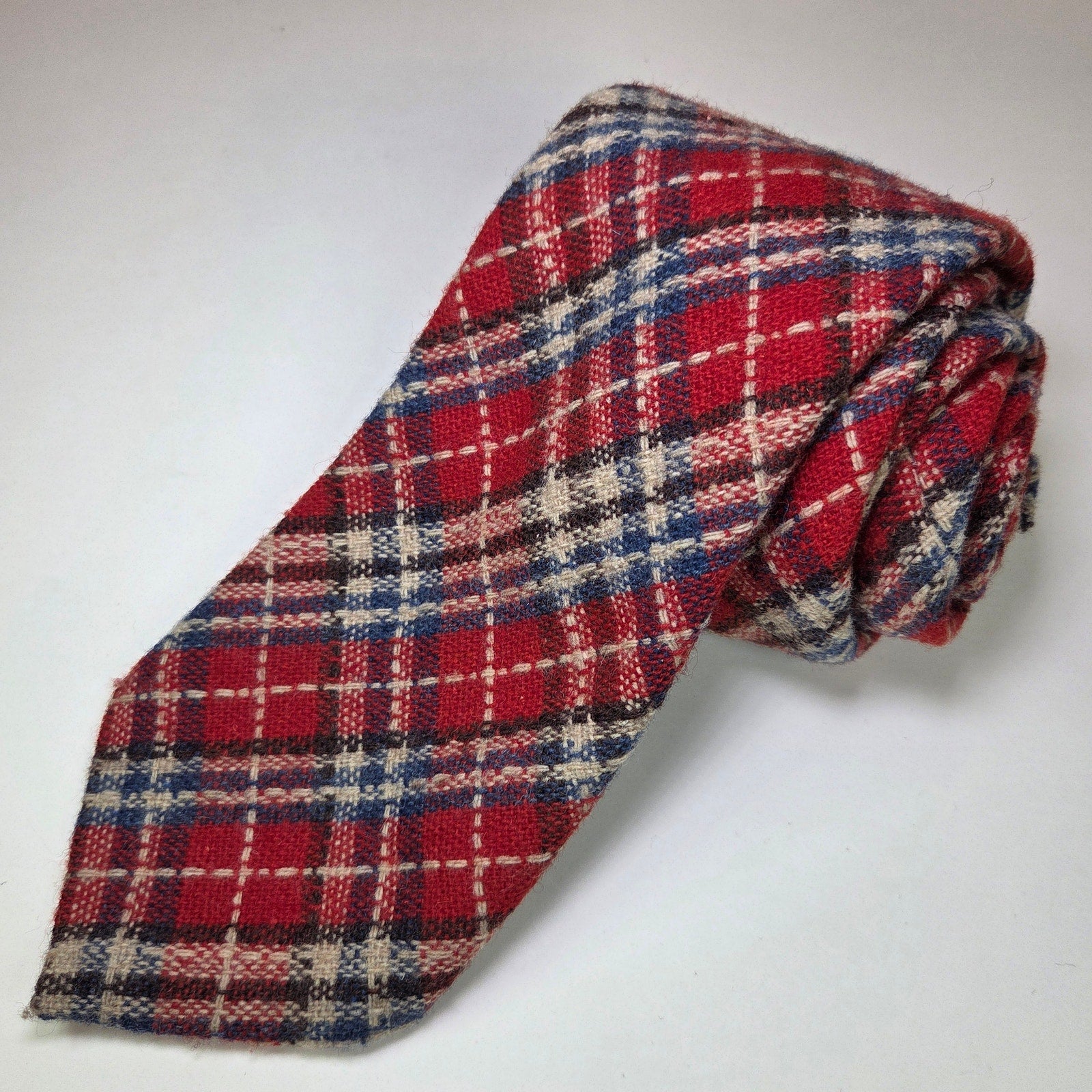 Vintage Kings Lynn Wool Plaid Tie Red Navy Cream Tartan 4” Wide 70s Preppy Style