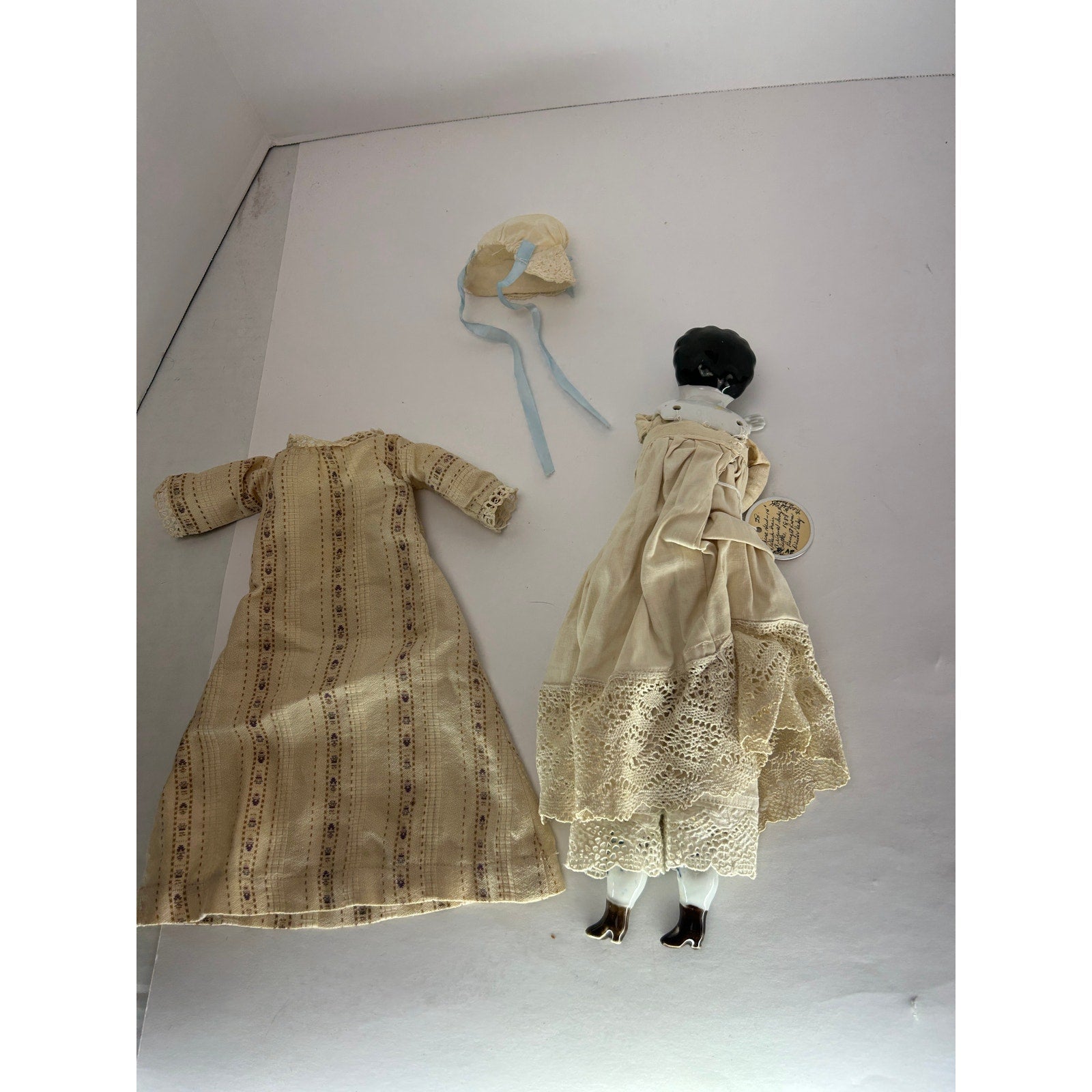 Antique China Head Doll 14 inch Black Hair Original Body and Clothes 1880s