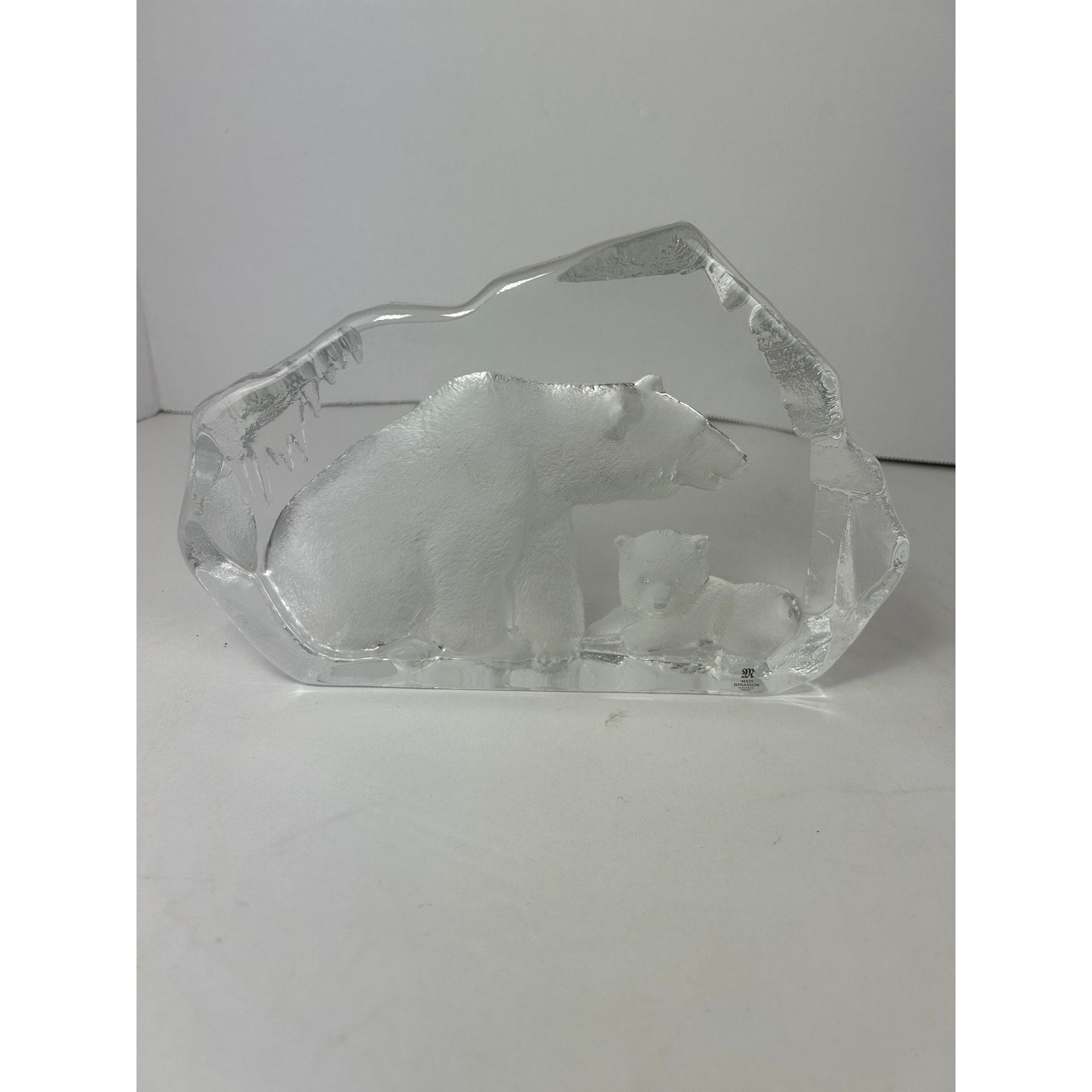 Mats Jonasson Maleras Sweden Crystal Polar Bear and Cub Heavy Glass Sculpture