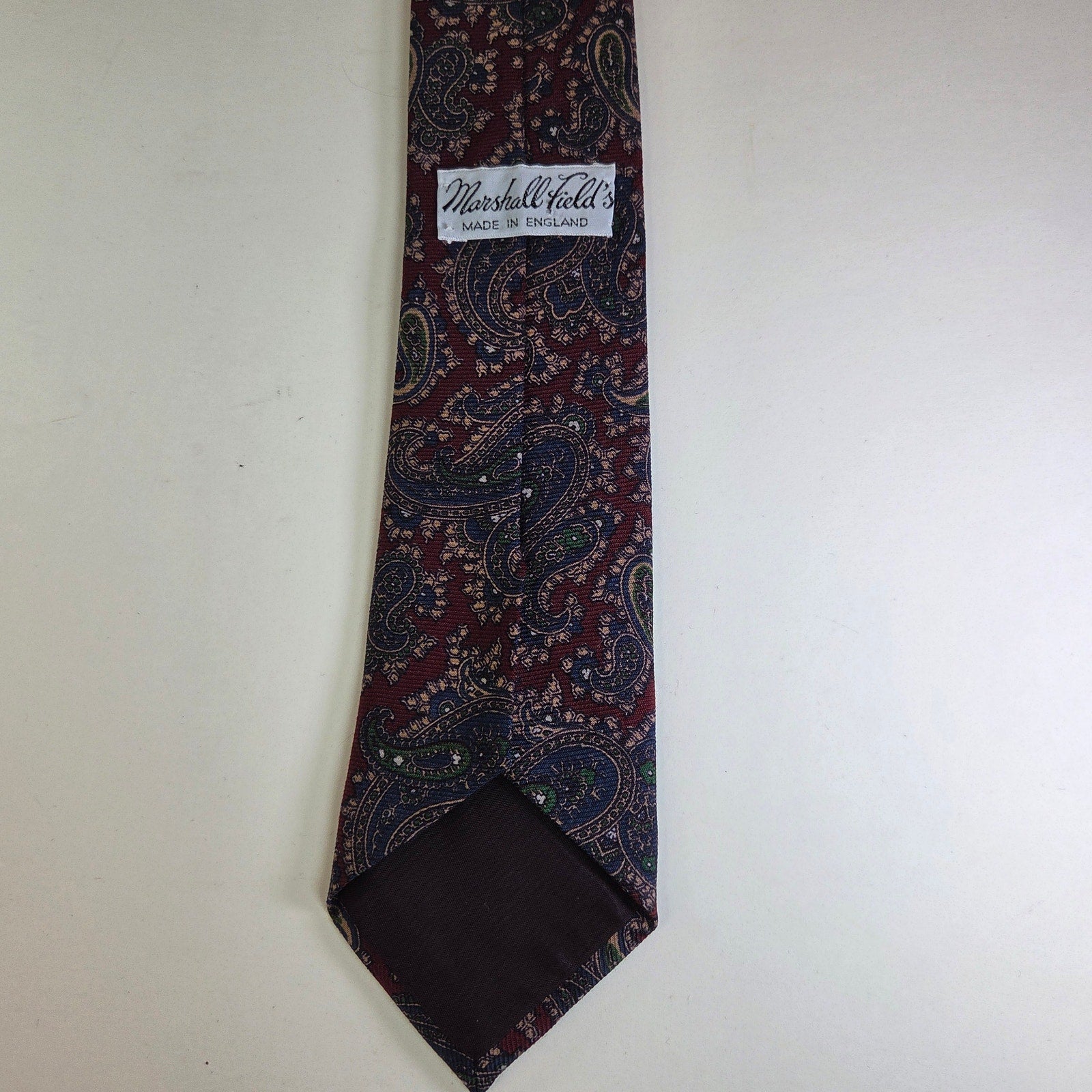 Marshall Field’s Made in England Wool Paisley Tie Burgundy Green Blue 3.25” Wide