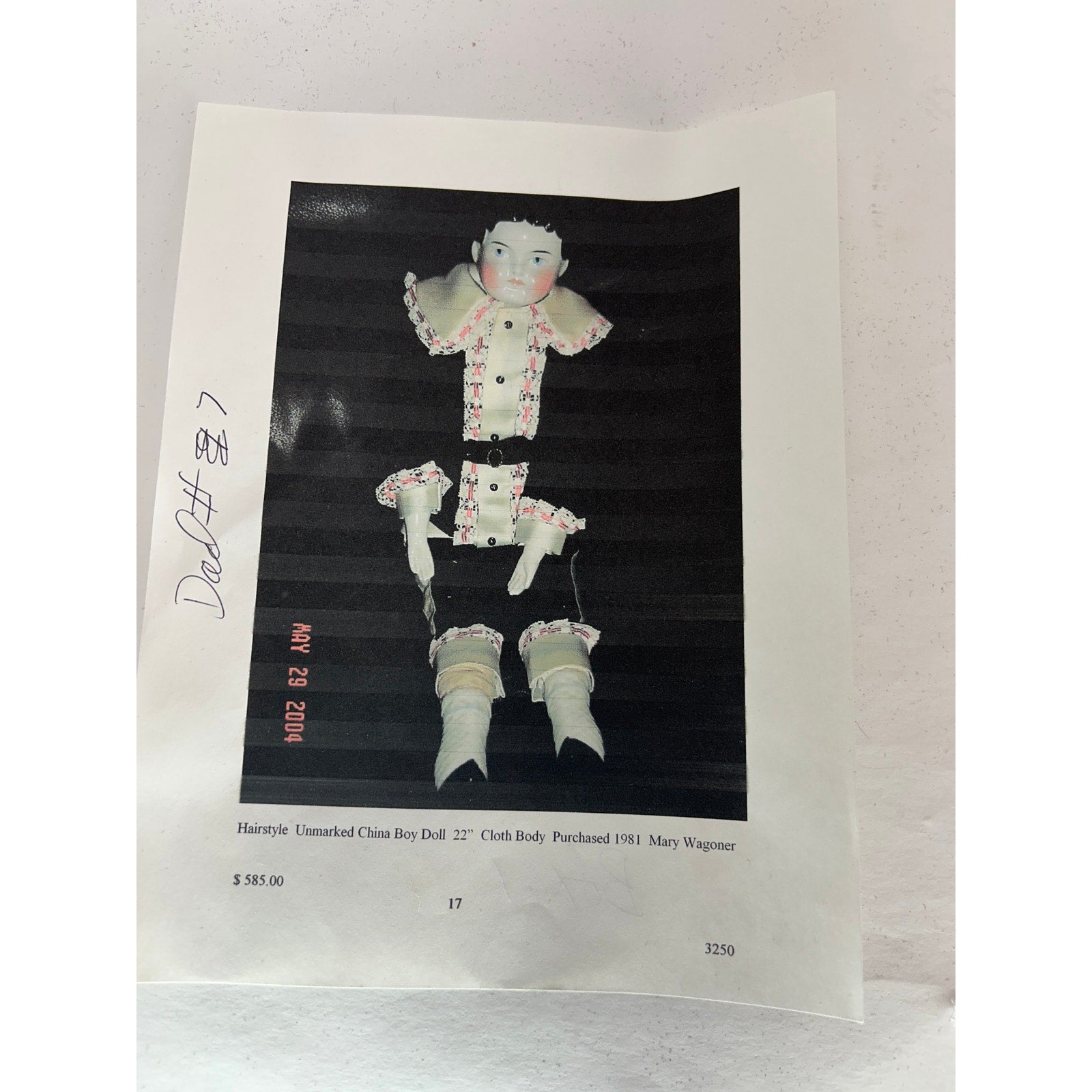 Antique 24" China Boy Doll c1880s Unmarked Cloth Body Provenance Attached