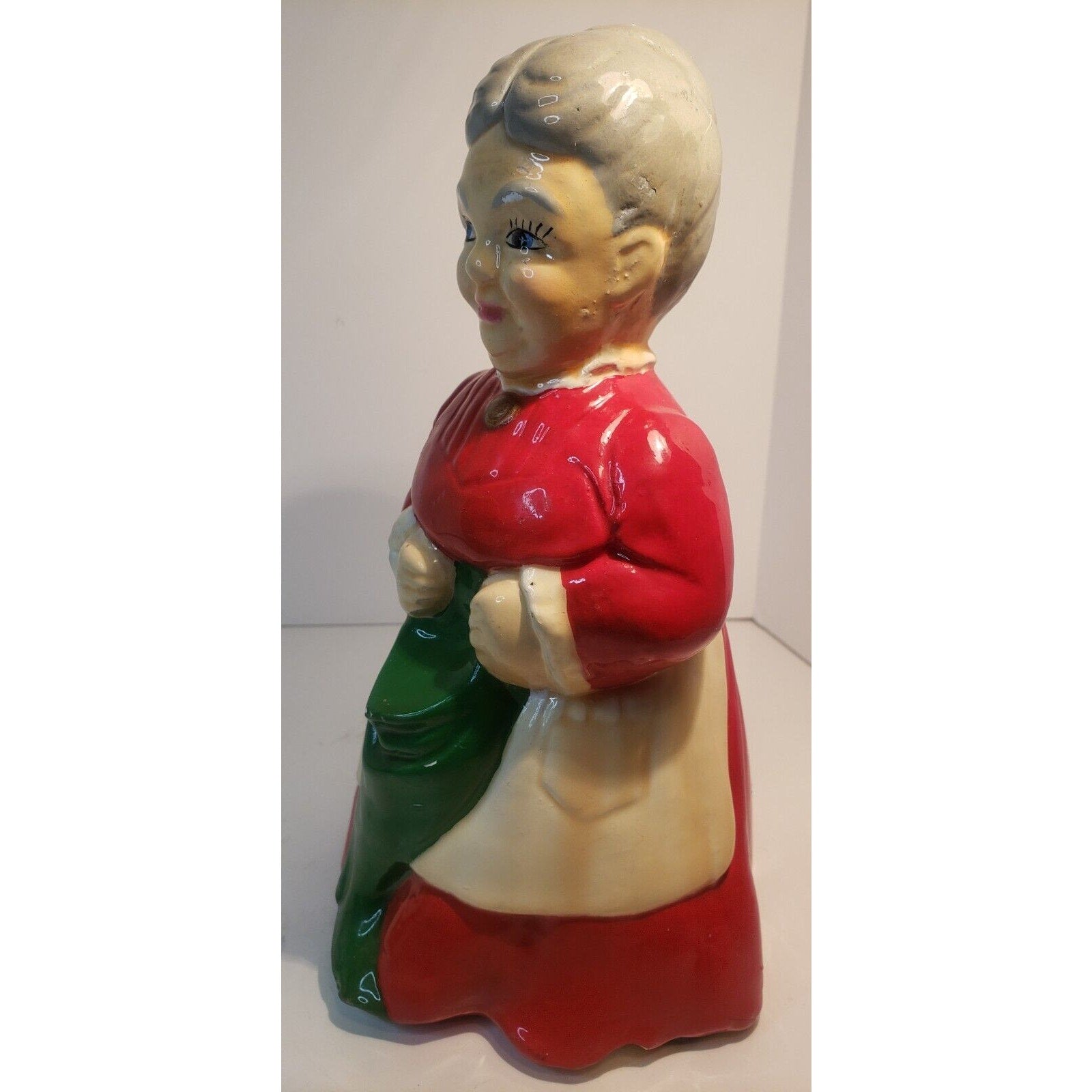 Vintage Ceramic Mrs. Claus Figurine Hand Painted Holding Stocking 10" Holiday