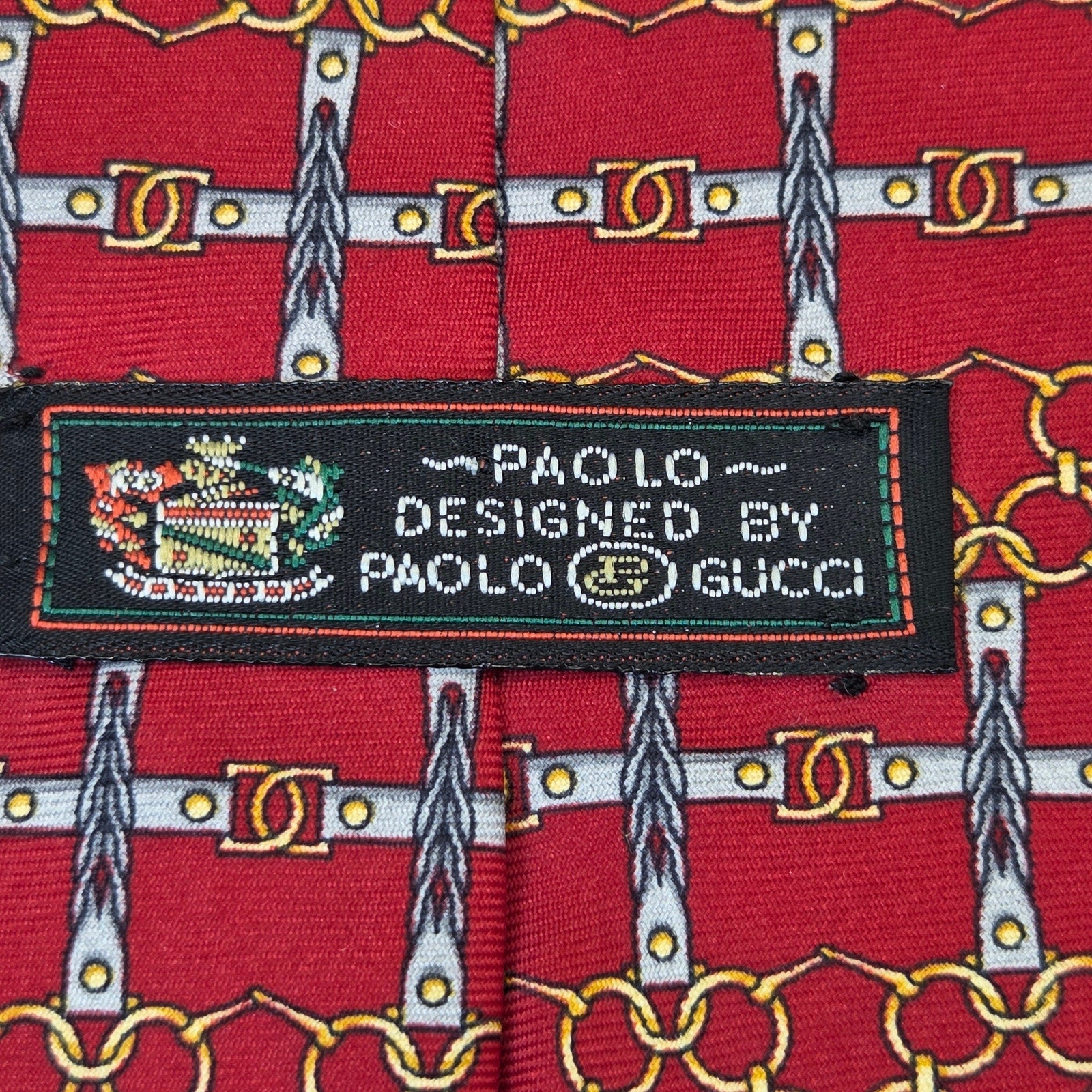 Paolo Gucci Red Silk Chain Link Equestrian Tie Made Italy Vintage 4in Wide