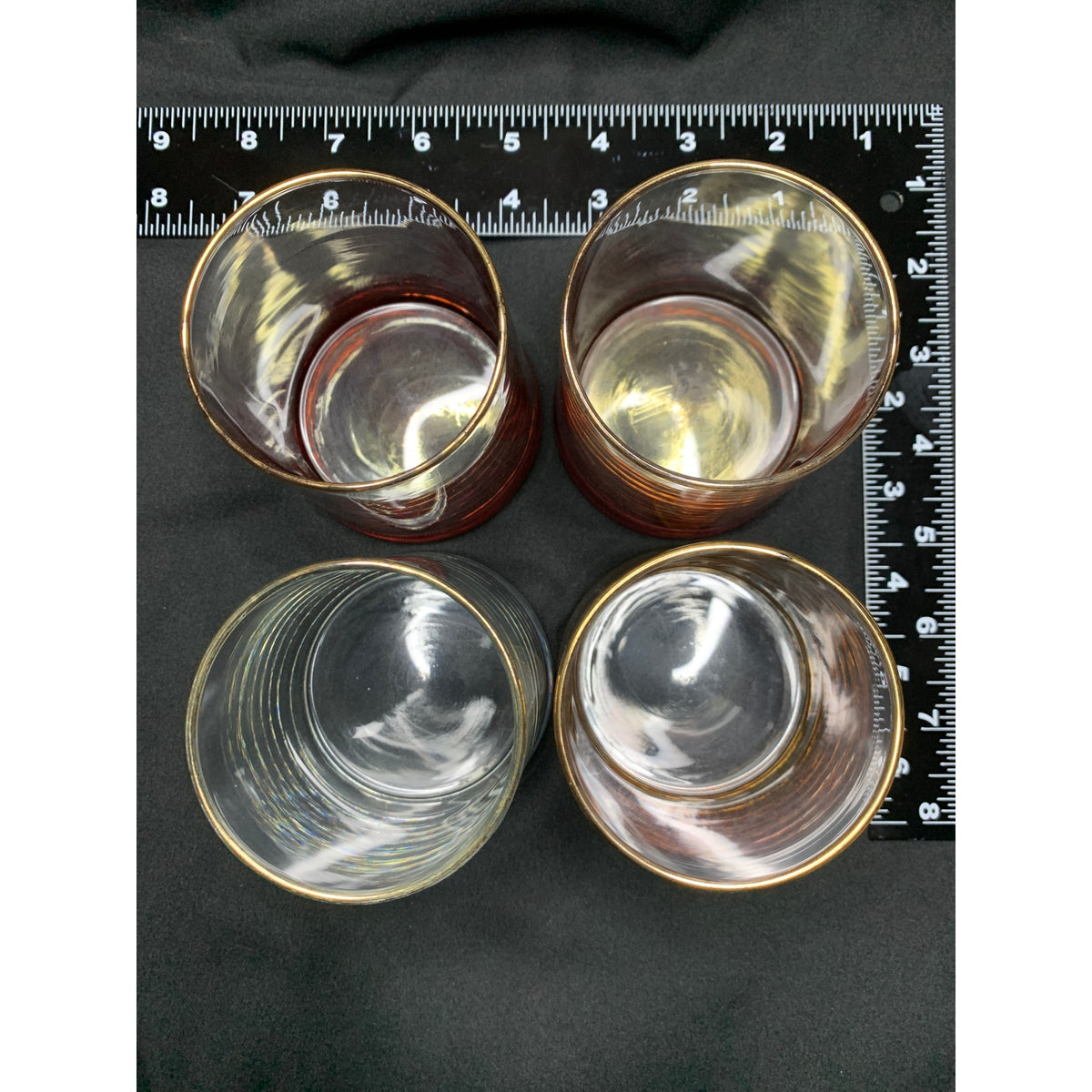 Set of 4 Gold Rim Lowball Rocks Glasses Colored Heavy Bases Barware