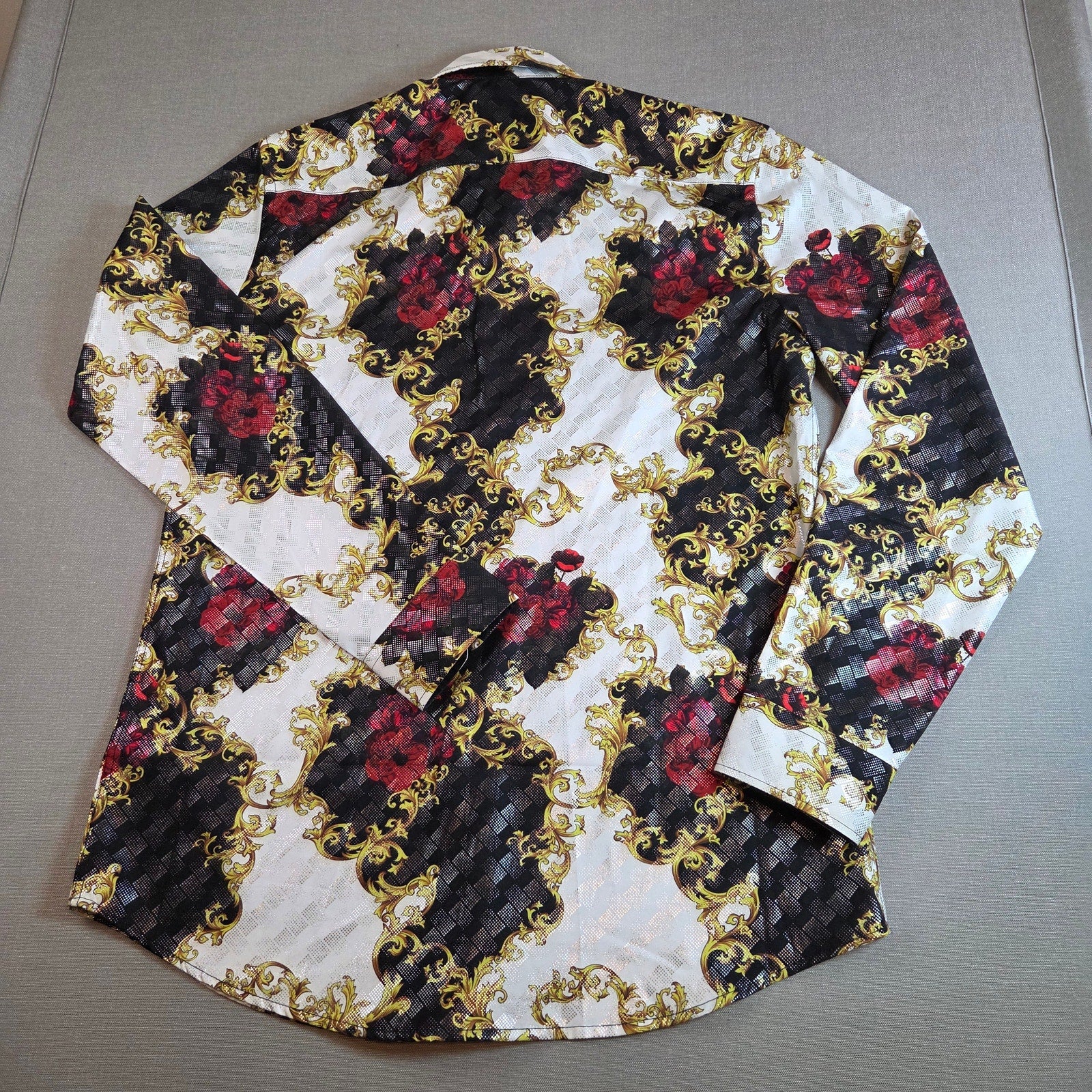 Suslo Couture Slim Fit Button Up Shirt Medium Red Floral Gold Black Print