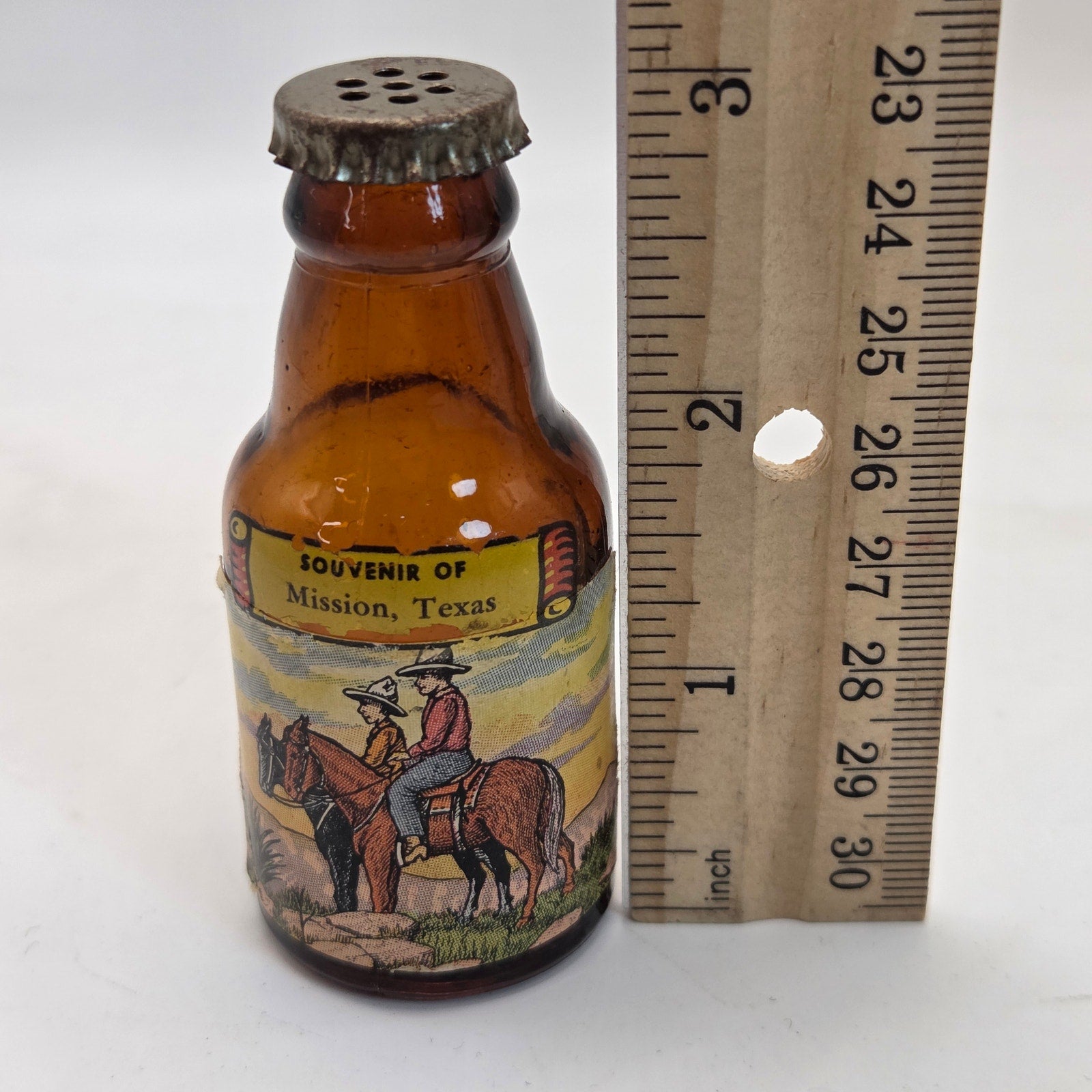 Vintage Mission Texas Souvenir Amber Glass Shaker Bottle Motel Buffalo Pat Pend