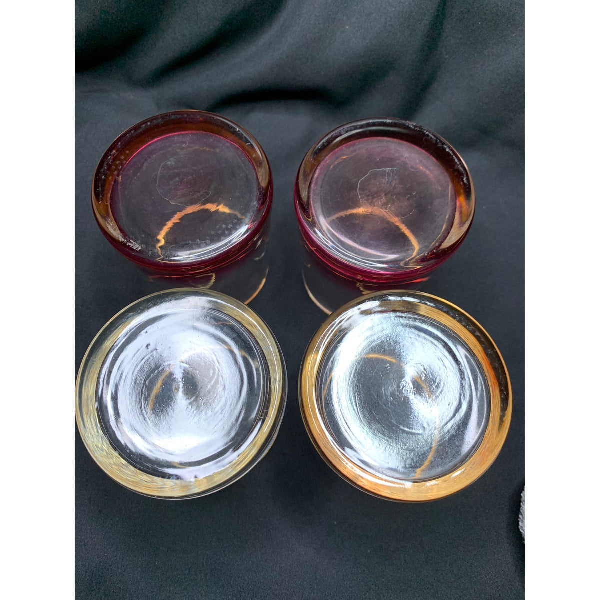 Set of 4 Gold Rim Lowball Rocks Glasses Colored Heavy Bases Barware