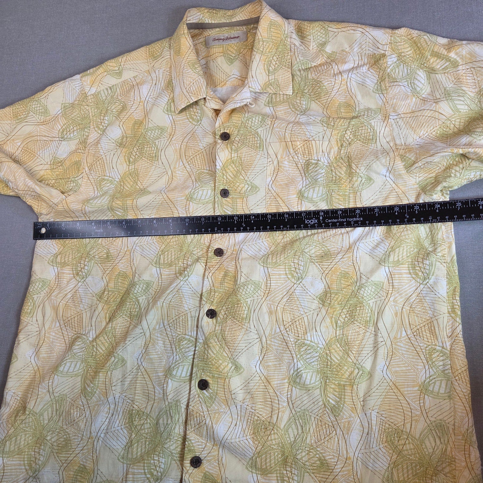 Tommy Bahama Silk Blend Camp Shirt Men’s L Yellow Abstract Palm Button Up
