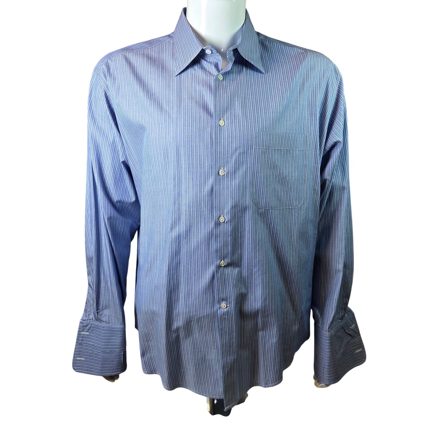 Giorgio Armani Le Collezioni Blue Stripe French Cuff Dress Shirt 17 34/35