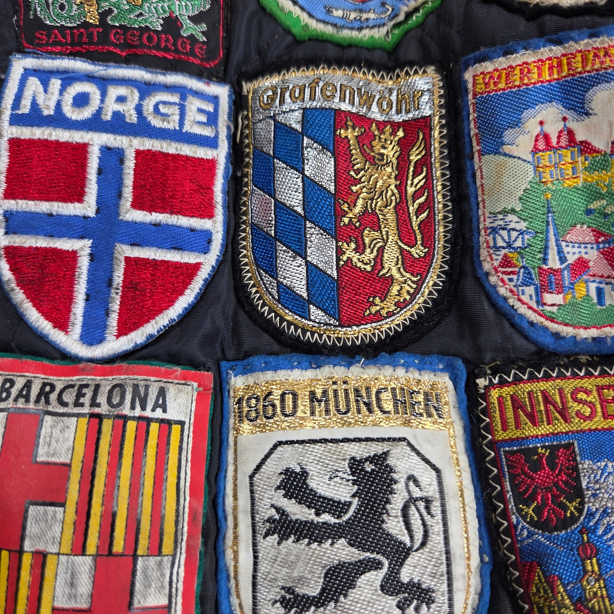 Vintage 60s Brent Montgomery Ward Quilted Jacket European Travel Patches Talon
