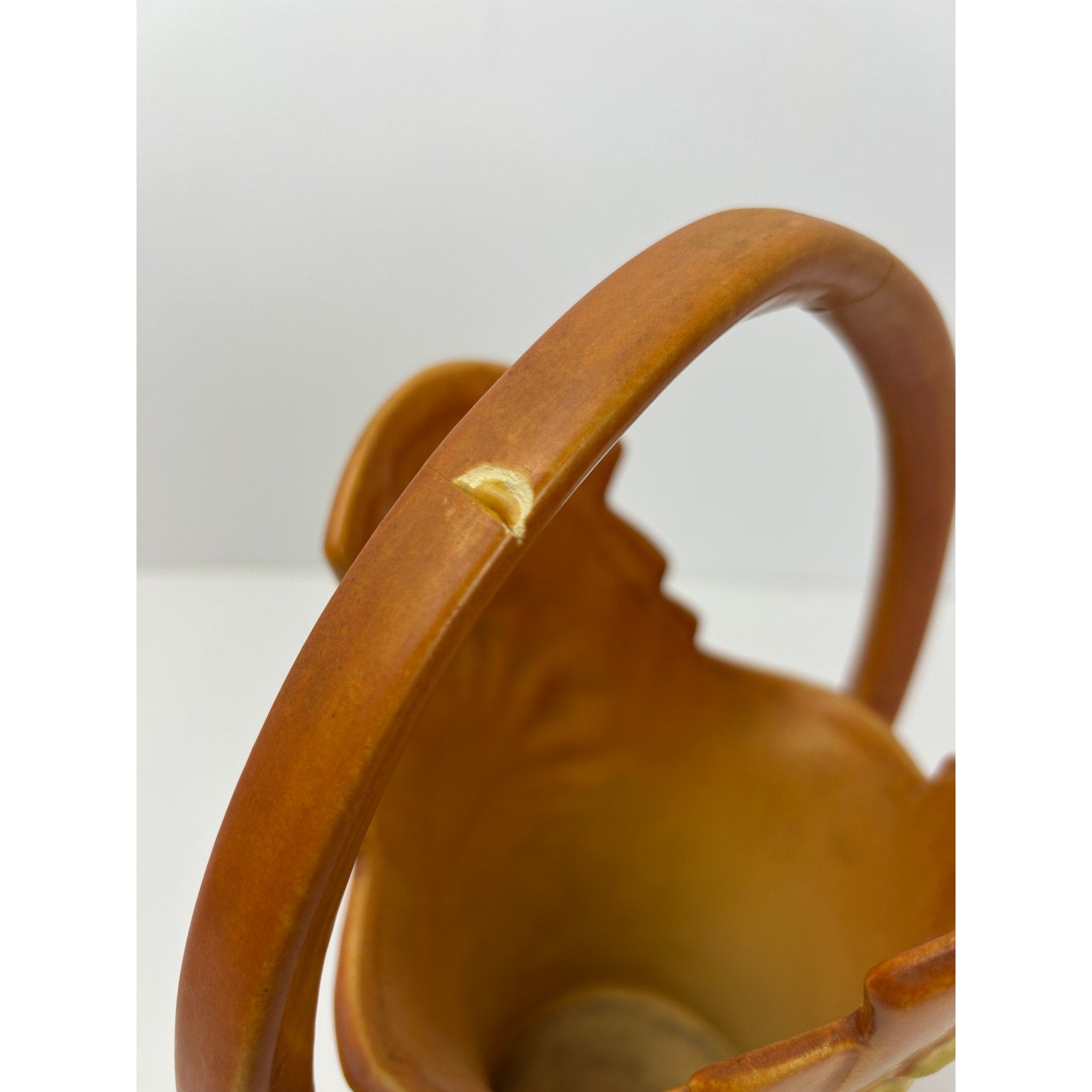 Vintage Roseville Pottery Freesia Shape 392-10 Basket Vase Brown Handle Repair