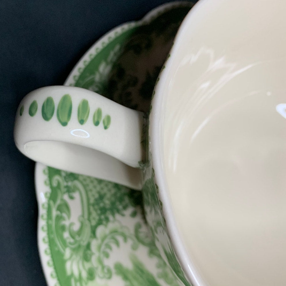 Vintage Green Transferware 2 Handle Cream Soup Cup & Saucer Scenic Floral