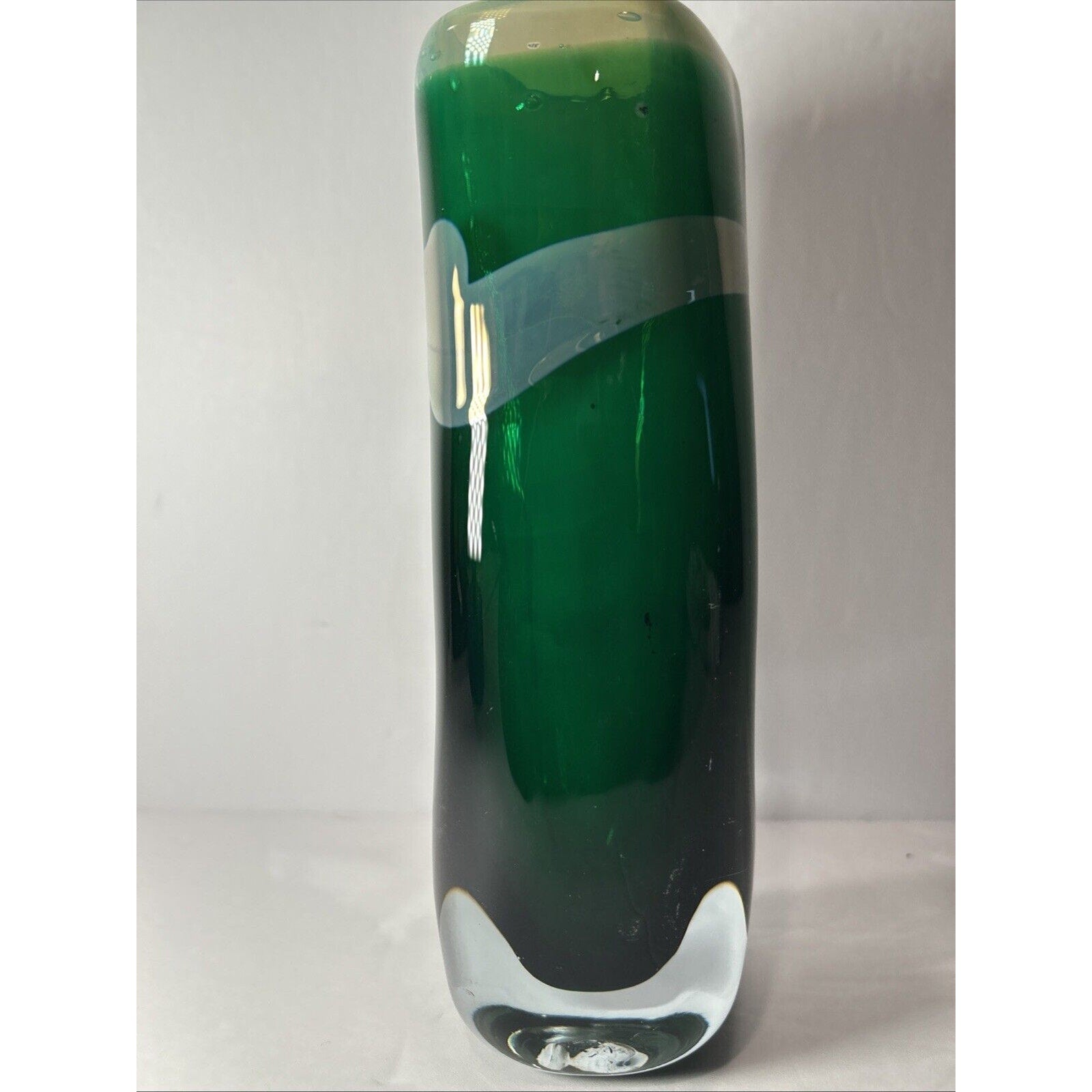 Signed Robert Doring Art Glass Vase Green & Clear Heavy Studio Glass 1990 8.5”