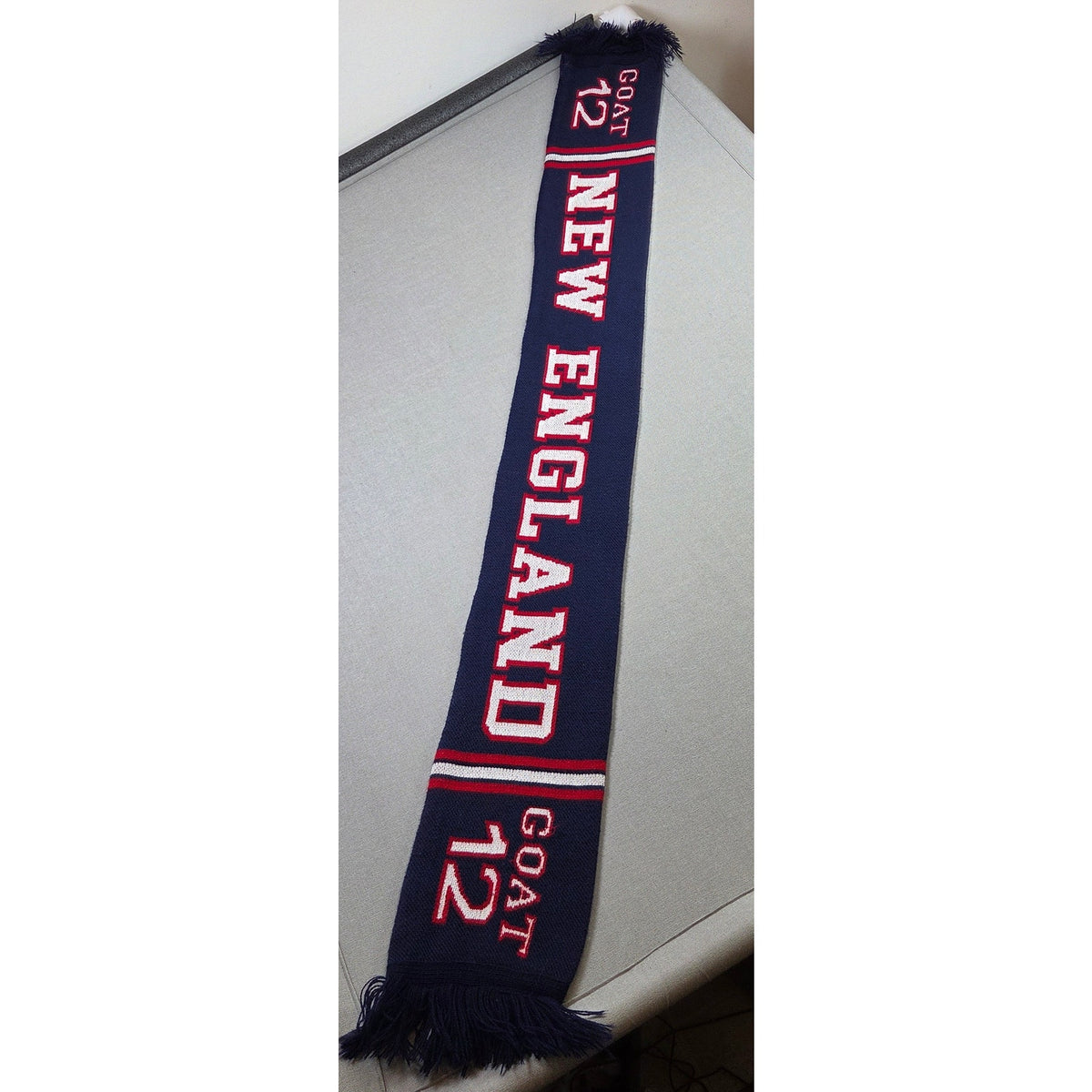 New England Patriots GOAT 12 Tom Brady Knit Fringe Scarf 58 Inch NFL Blue