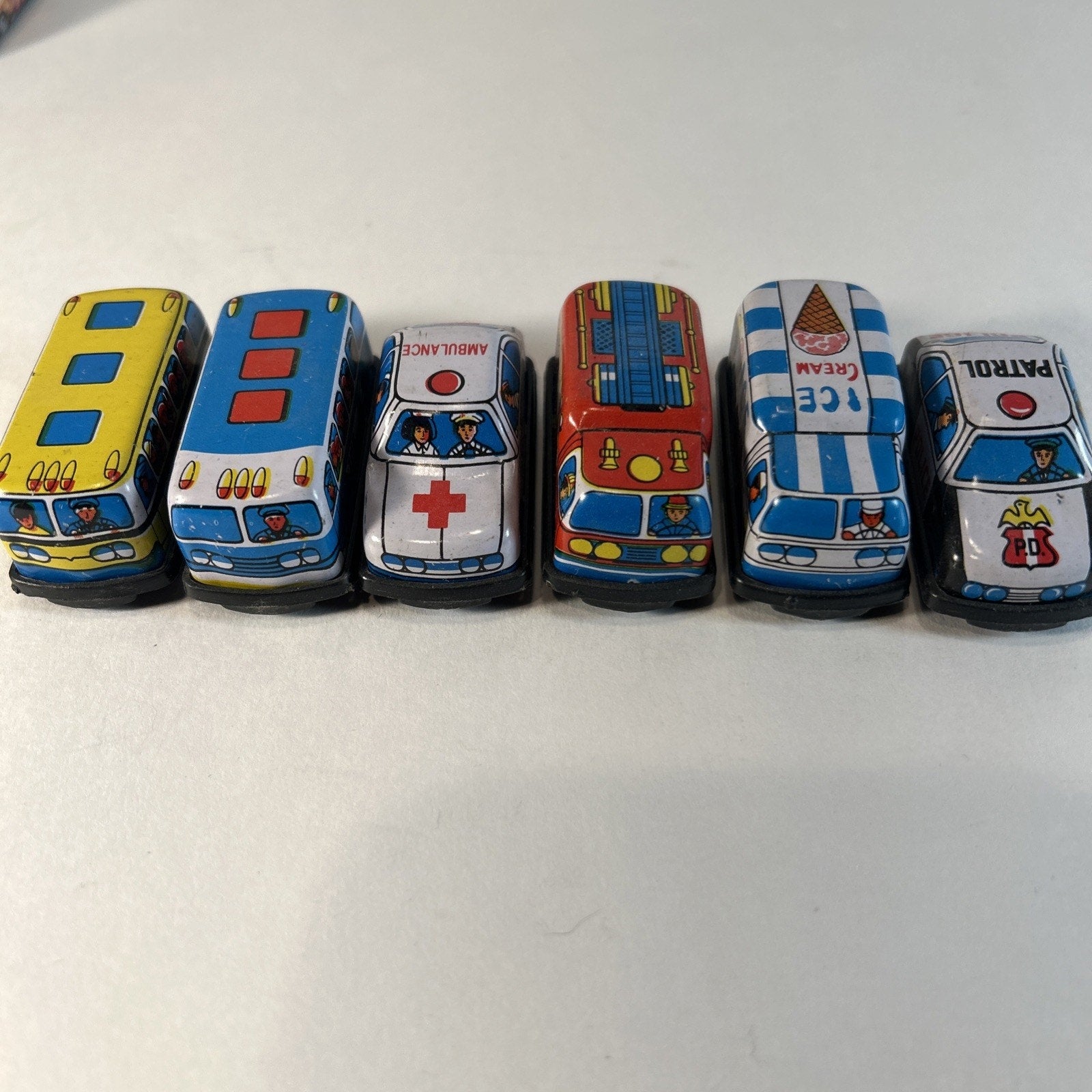 Vintage Tin Litho Friction Super Mini Toy Car Set w/ Display Taiwan 12pc