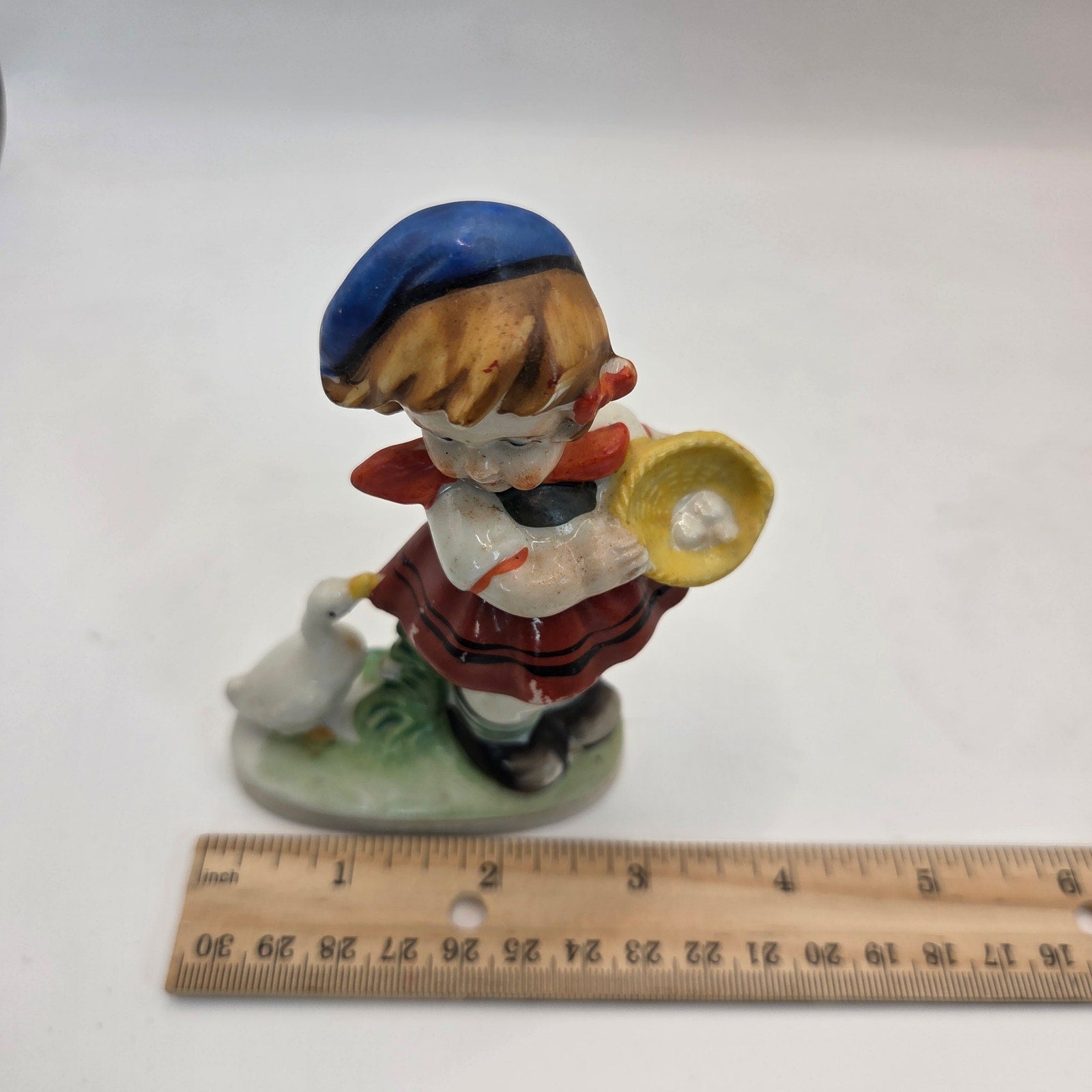 Occupied Japan Girl With Goose Figurine 4.5” Vintage Porcelain Painted