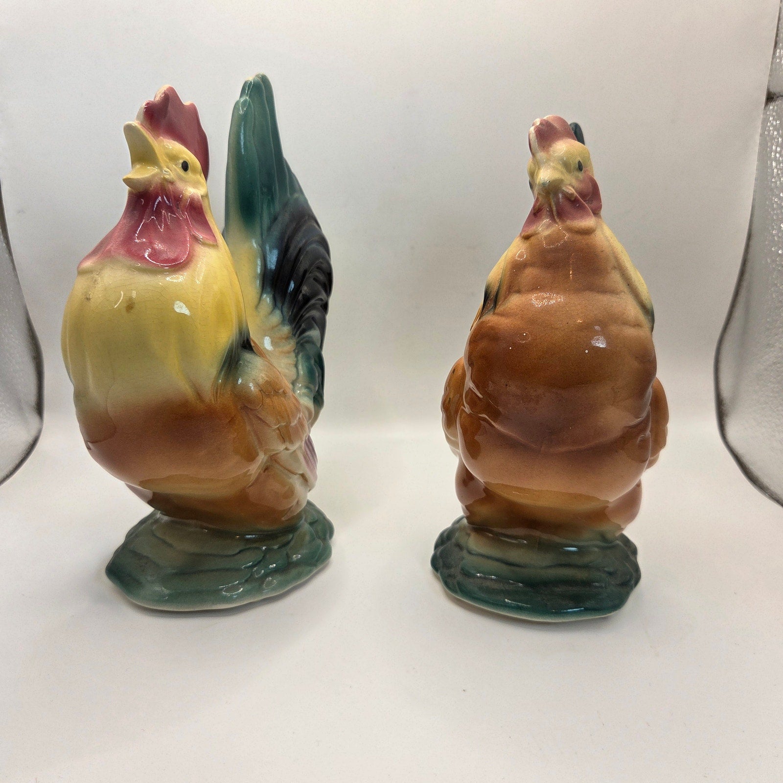 Vintage Royal Copley Rooster & Hen Figurine Pair 1950s Ceramic Statues