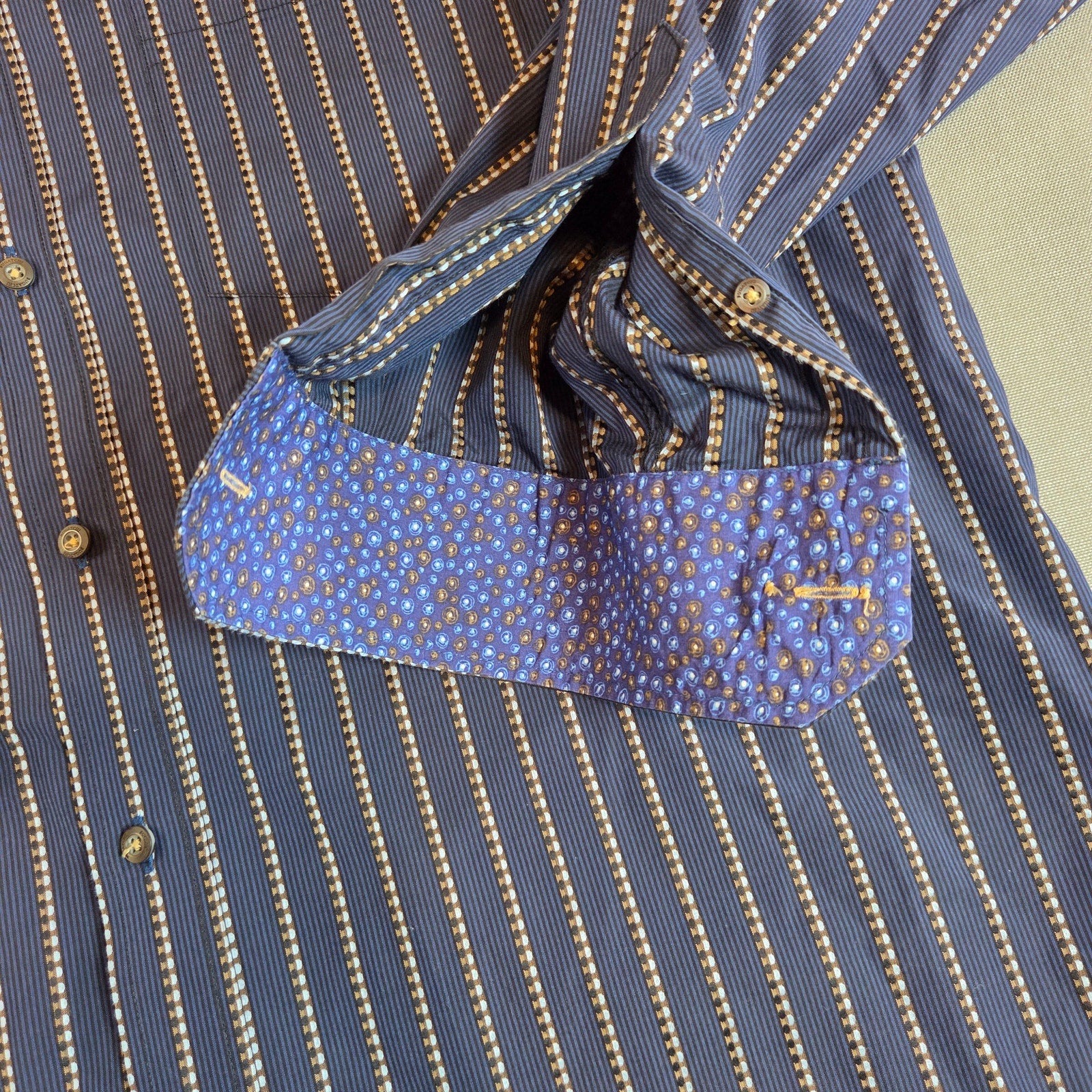 Bugatchi Uomo XL Stripe Button Down Shirt Blue Contrast Cuff Cotton Dress