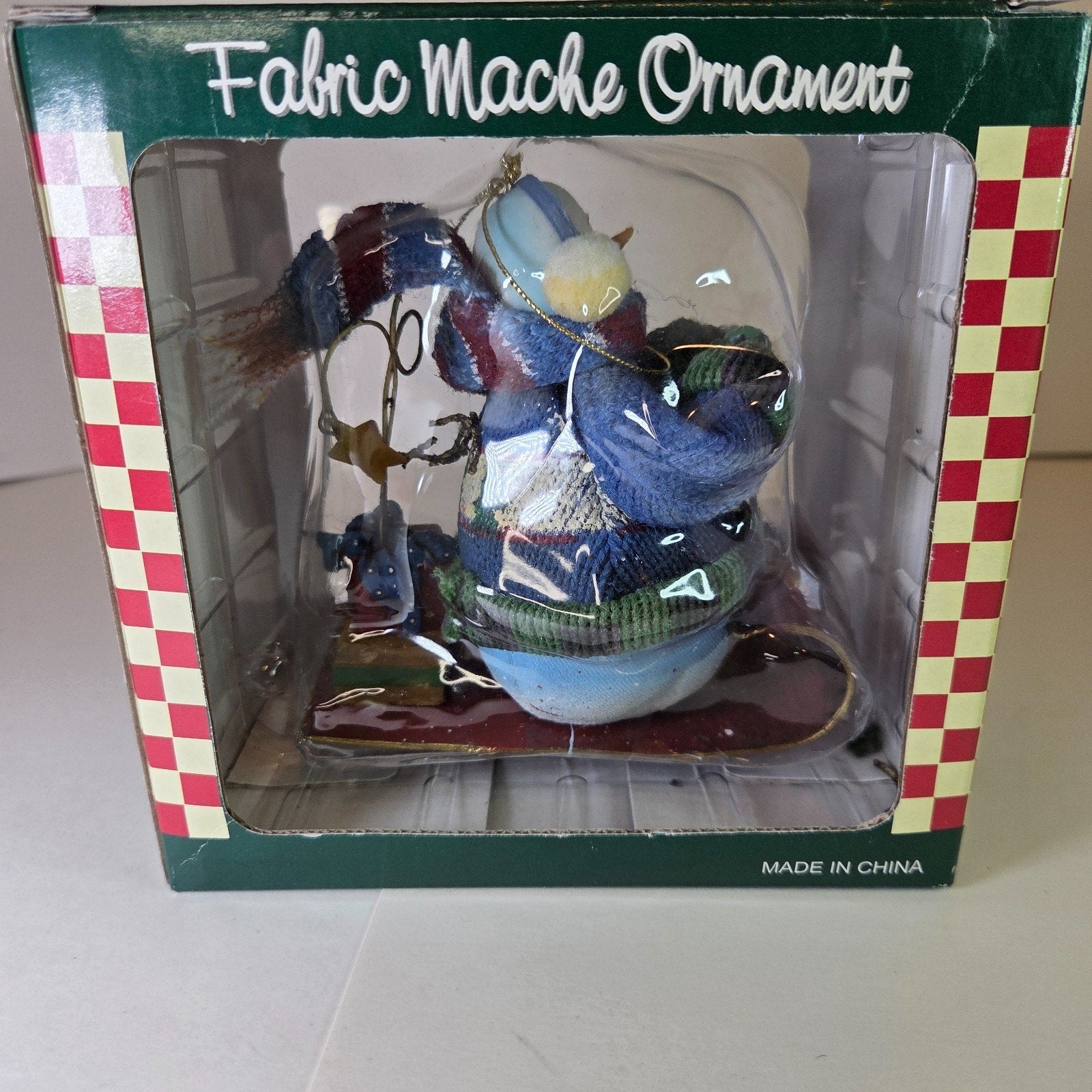 Vintage Fabric Mache Snowman Ornament on Sled with Presents SWC Bentonville