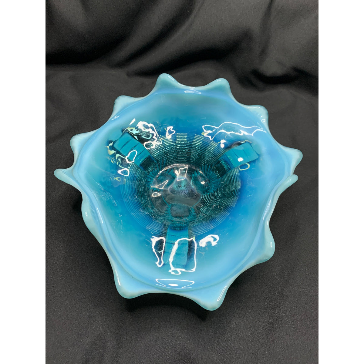Antique Northwood Klondyke Blue Opalescent Fluted Scroll Footed Bowl