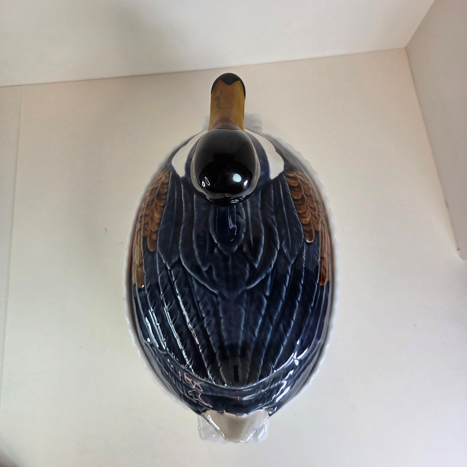 Vintage Portugal Mallard Duck Tureen Covered Ceramic Dish Basket Weave 11"