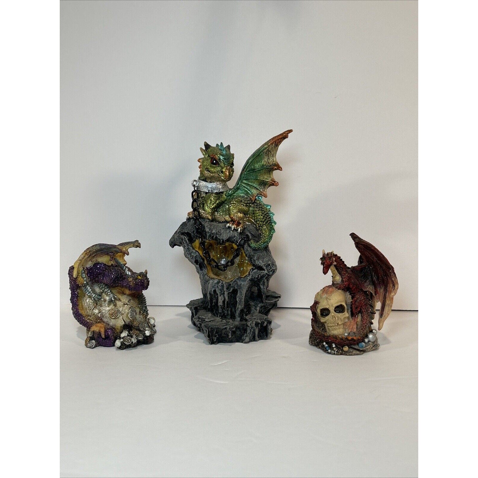 Lot of 3 Resin Dragon Figurines Skull Egg & Chained Fantasy Decor