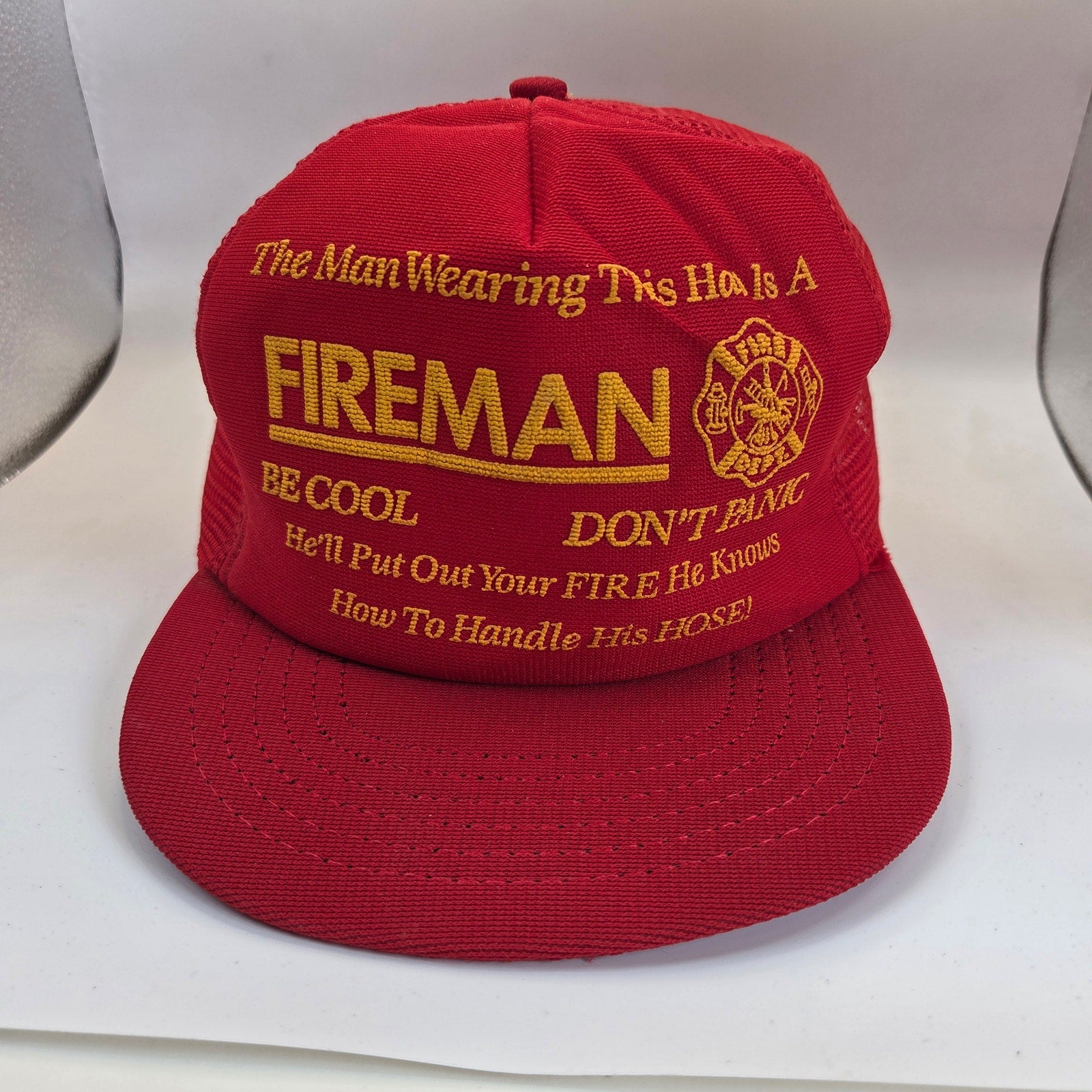 Vintage Fireman Novelty Mesh Trucker Snapback Hat Made USA Foam Cap Red