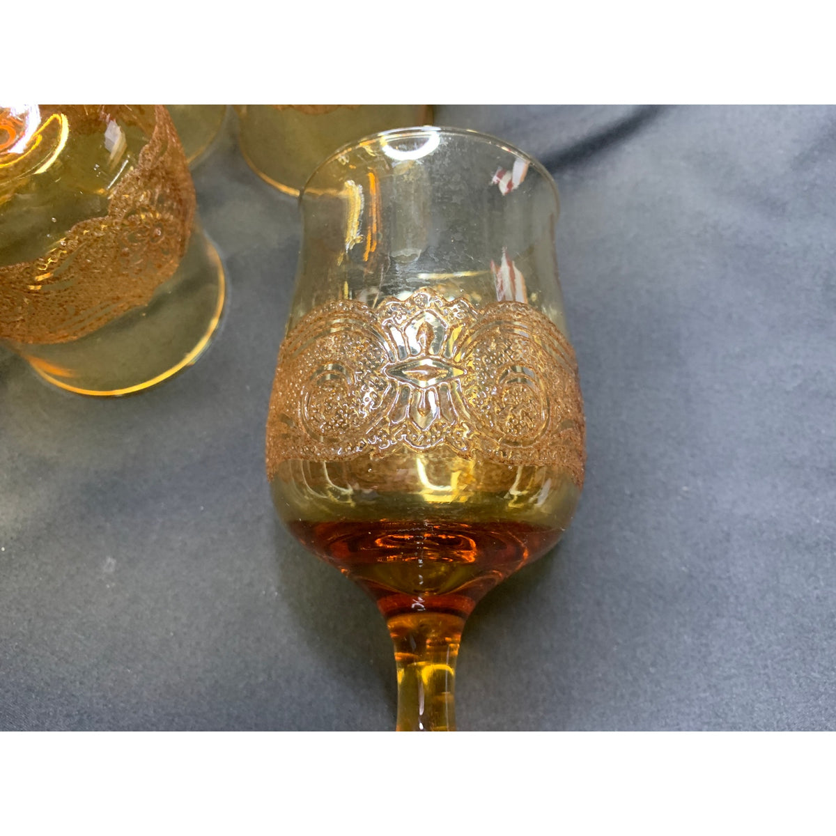 Vintage Libbey Americana Amber Wine Goblets Embossed Floral Set of 6