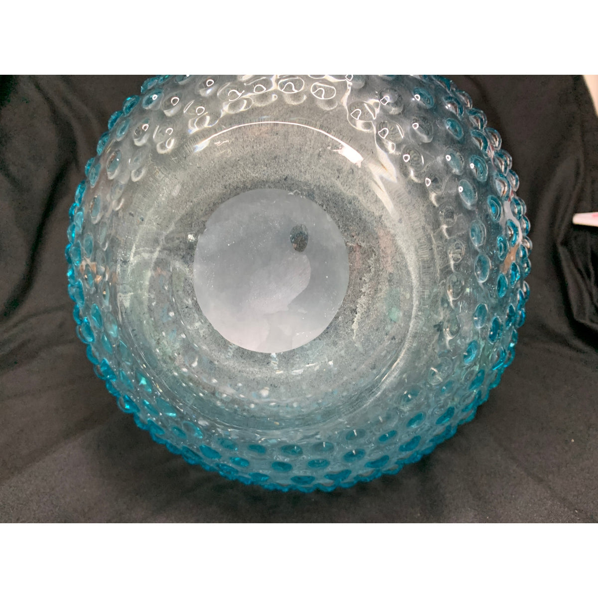 Large Aqua Blue Hobnail Glass Pitcher Clear Applied Handle Heavy Art Glass