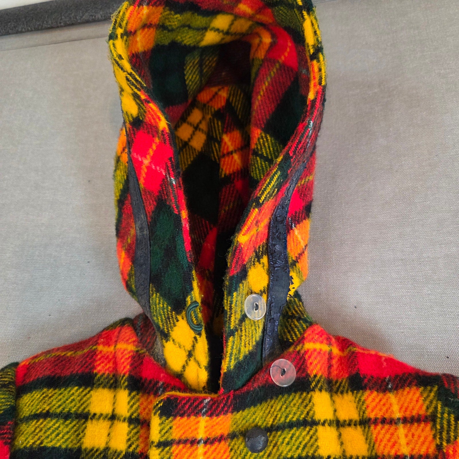 Vintage 60s 70s Girls Hooded Plaid Wool Blend Coat Belted Unbranded