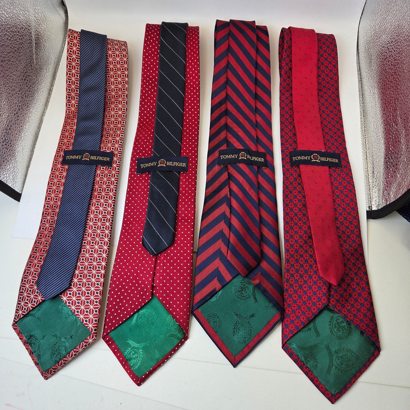 Tommy Hilfiger Red Silk Tie Lot 4 USA Striped Polka Dot Geometric Contrast Tips