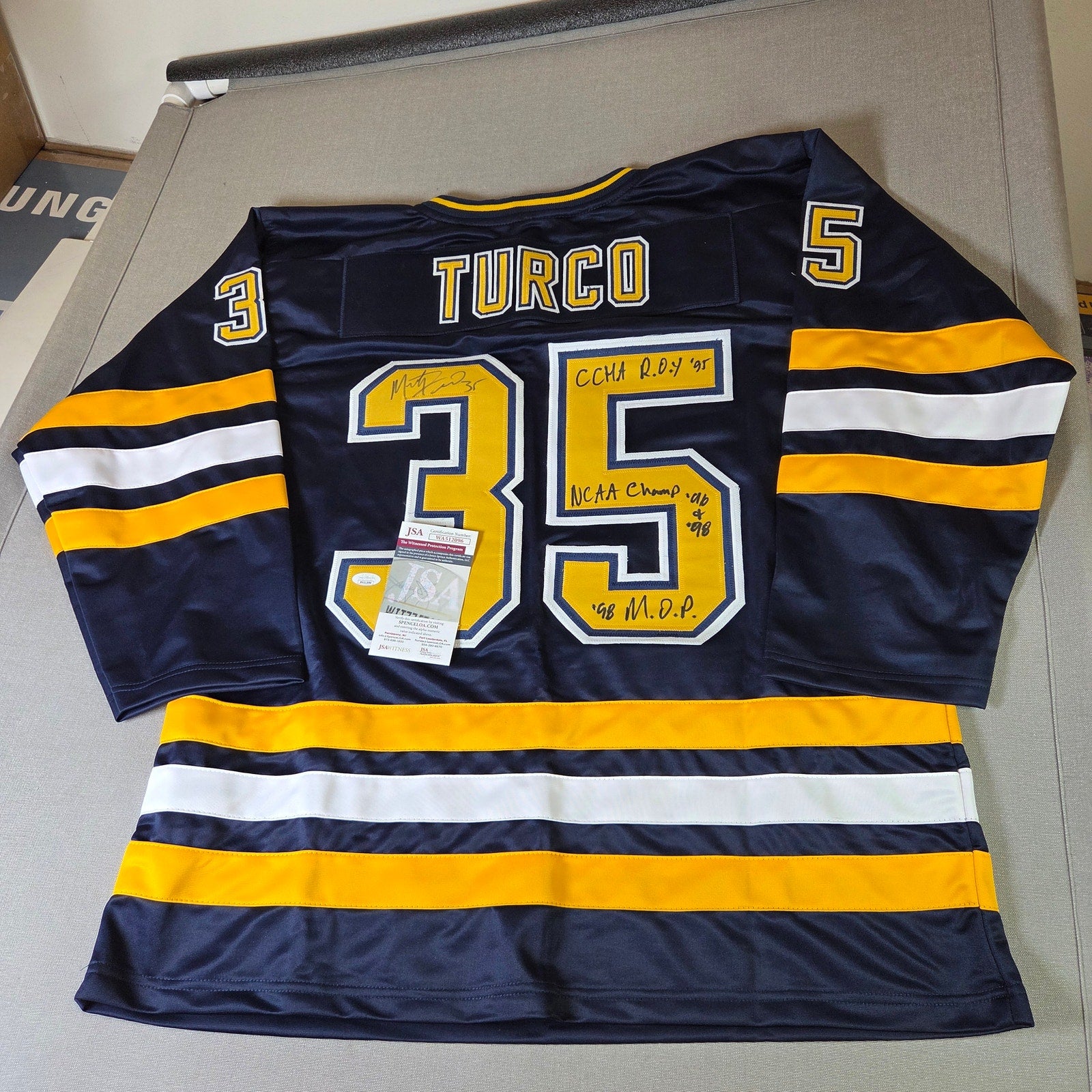 Marty Turco Signed Michigan Wolverines Custom Hockey Jersey JSA 3x Inscribed