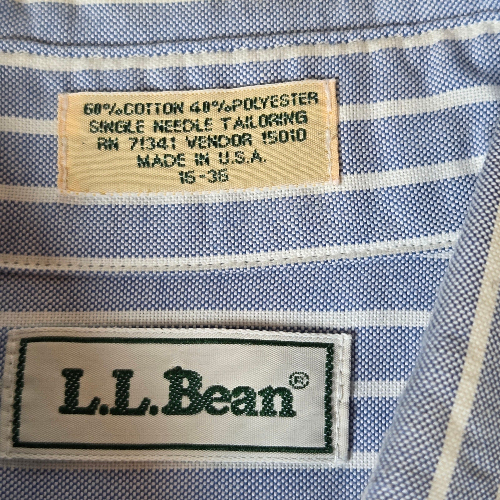 L.L. Bean Vintage Blue White Striped Button Down Shirt Made USA 15 36