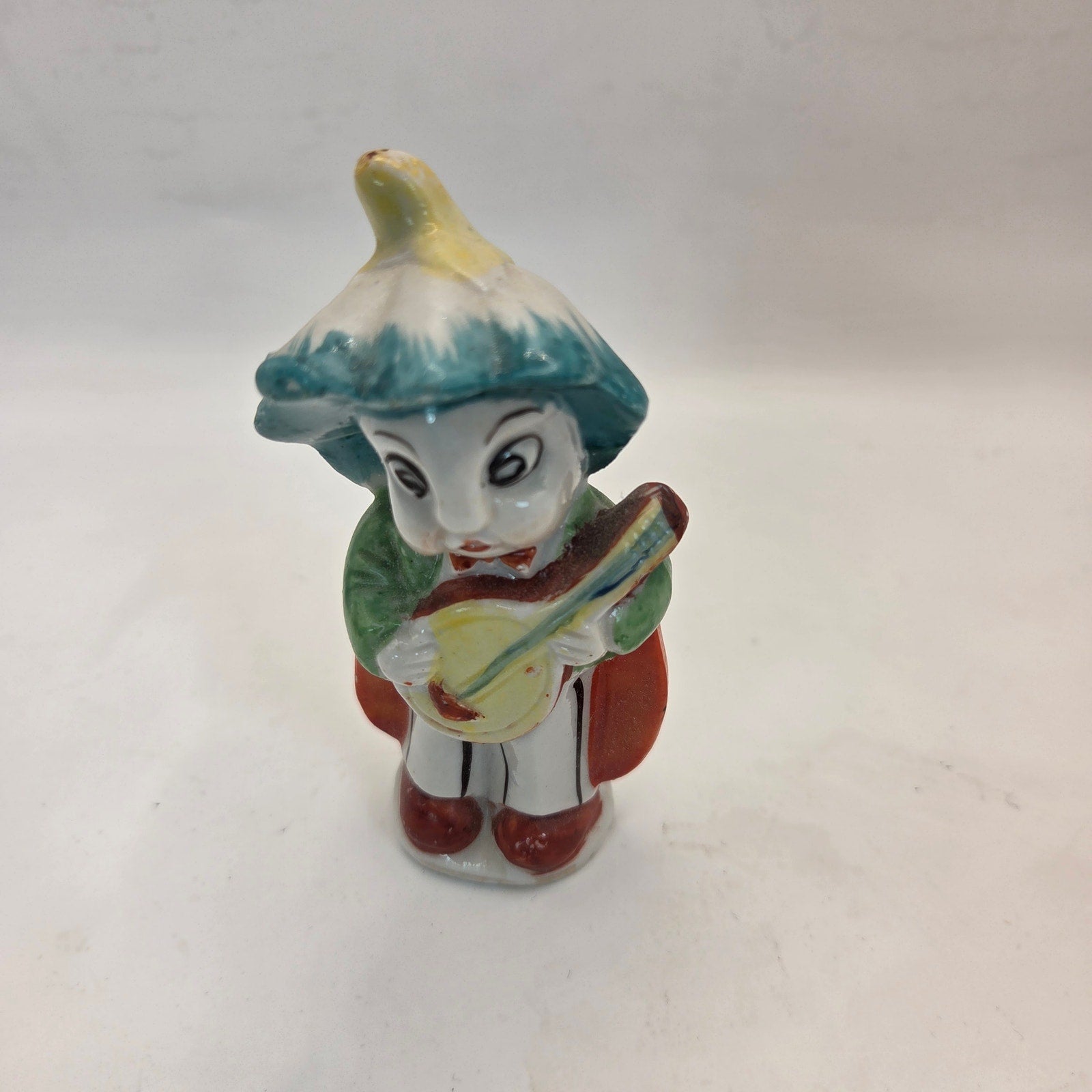 Vintage Japan Pixie Figurine Mushroom Hat Ladybug Wings Mandolin Player 3.75”