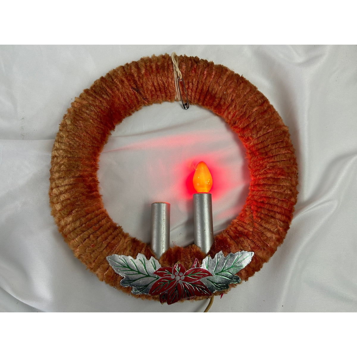 Vintage 1940s Chenille Christmas Wreath Double Electric Candles 11" WORKS