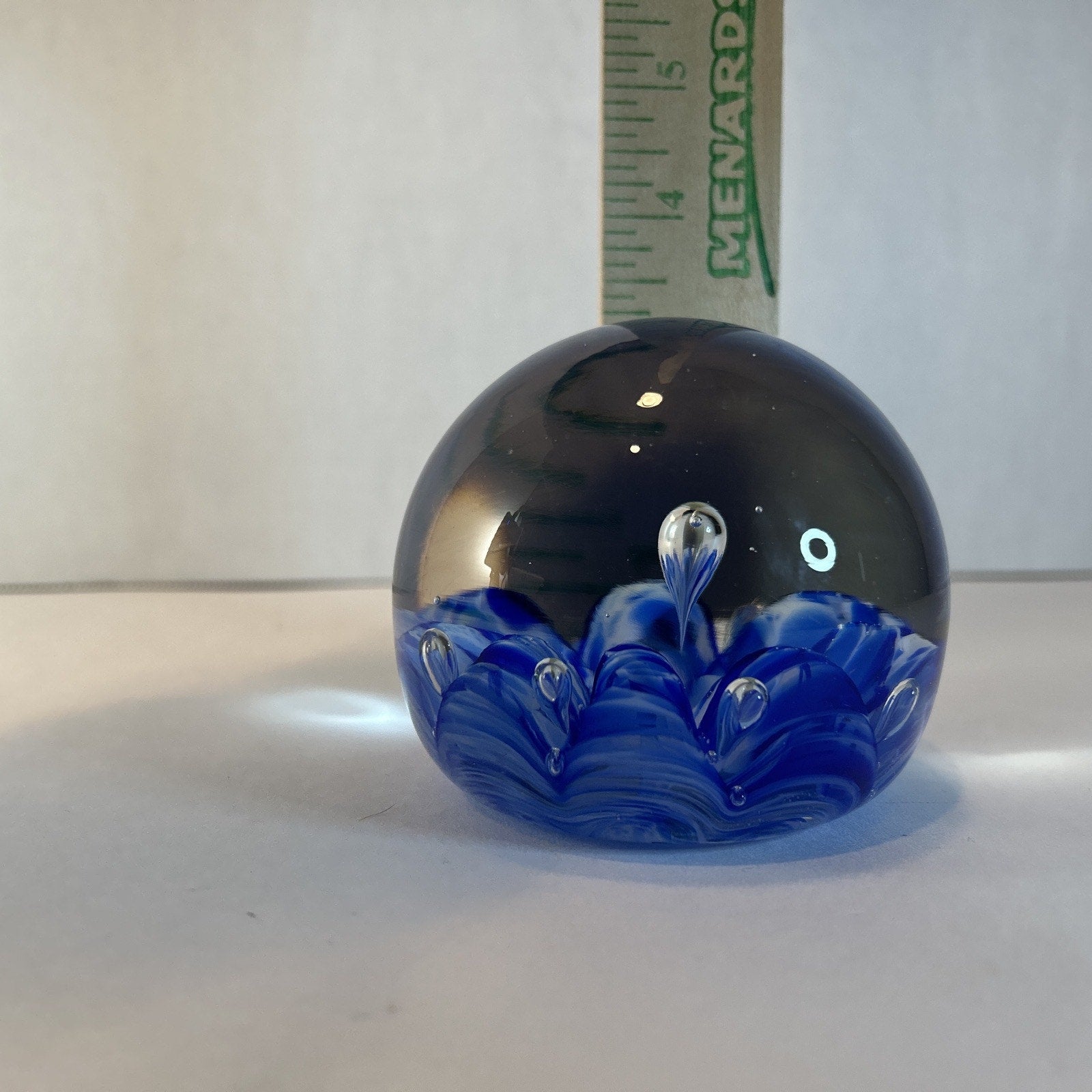 Vintage Monte Dunlavy Signed Art Glass Paperweight Blue Flower Design 3"