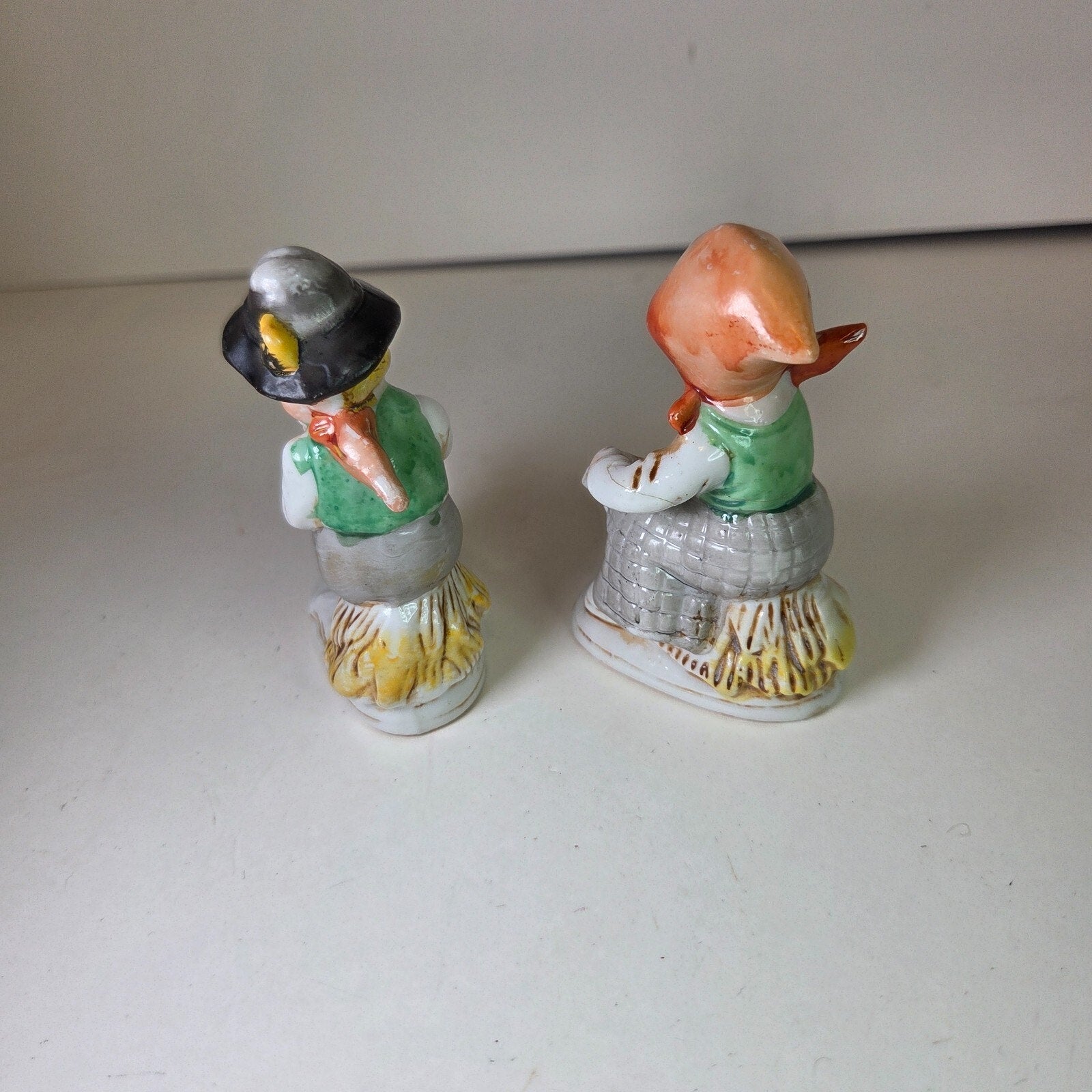 Vintage Japan Boy Playing Flute & Girl Sitting Ceramic Figurines 3.5in Pair
