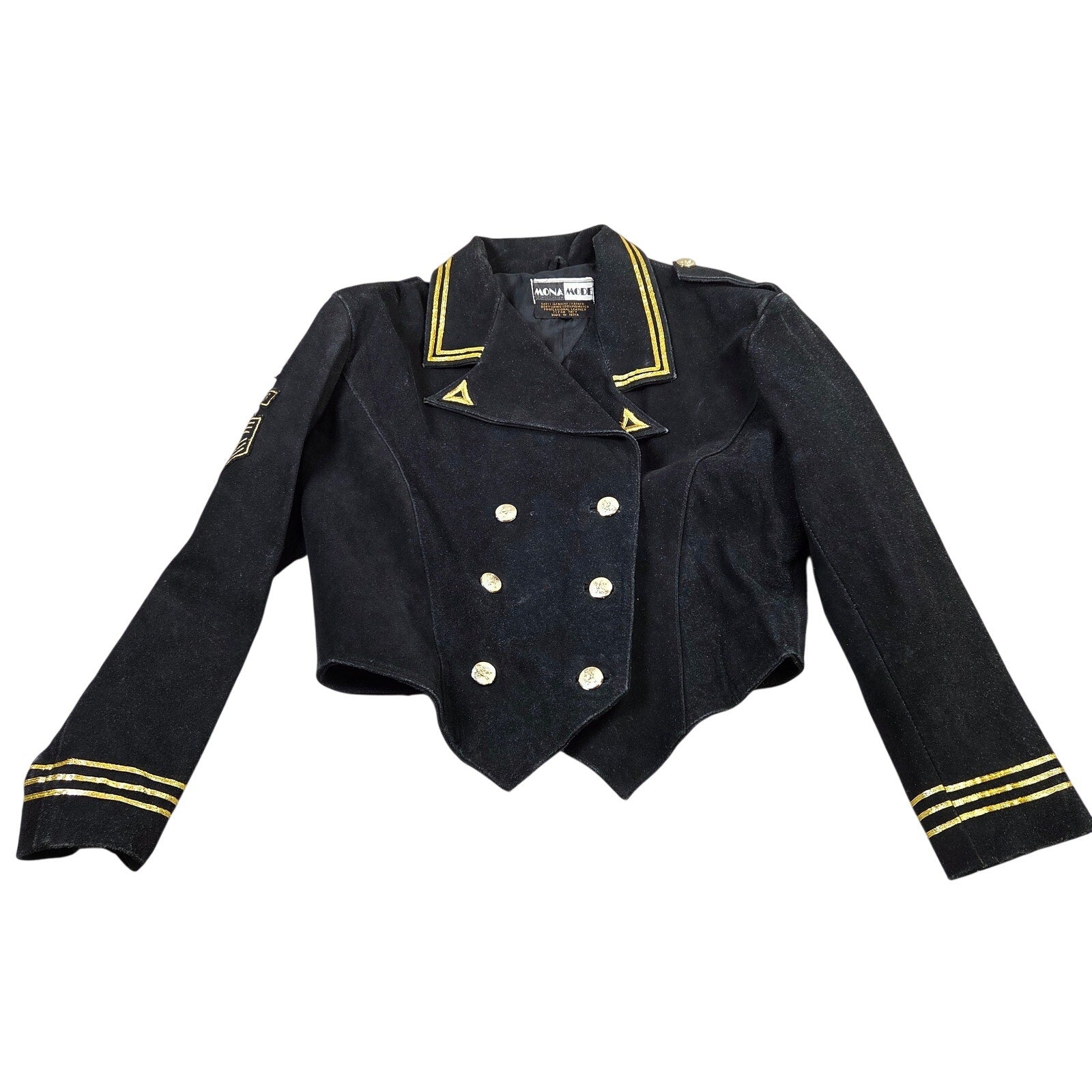 Mona Mode Leather Military Style Cropped Jacket Marines Patch Womens M