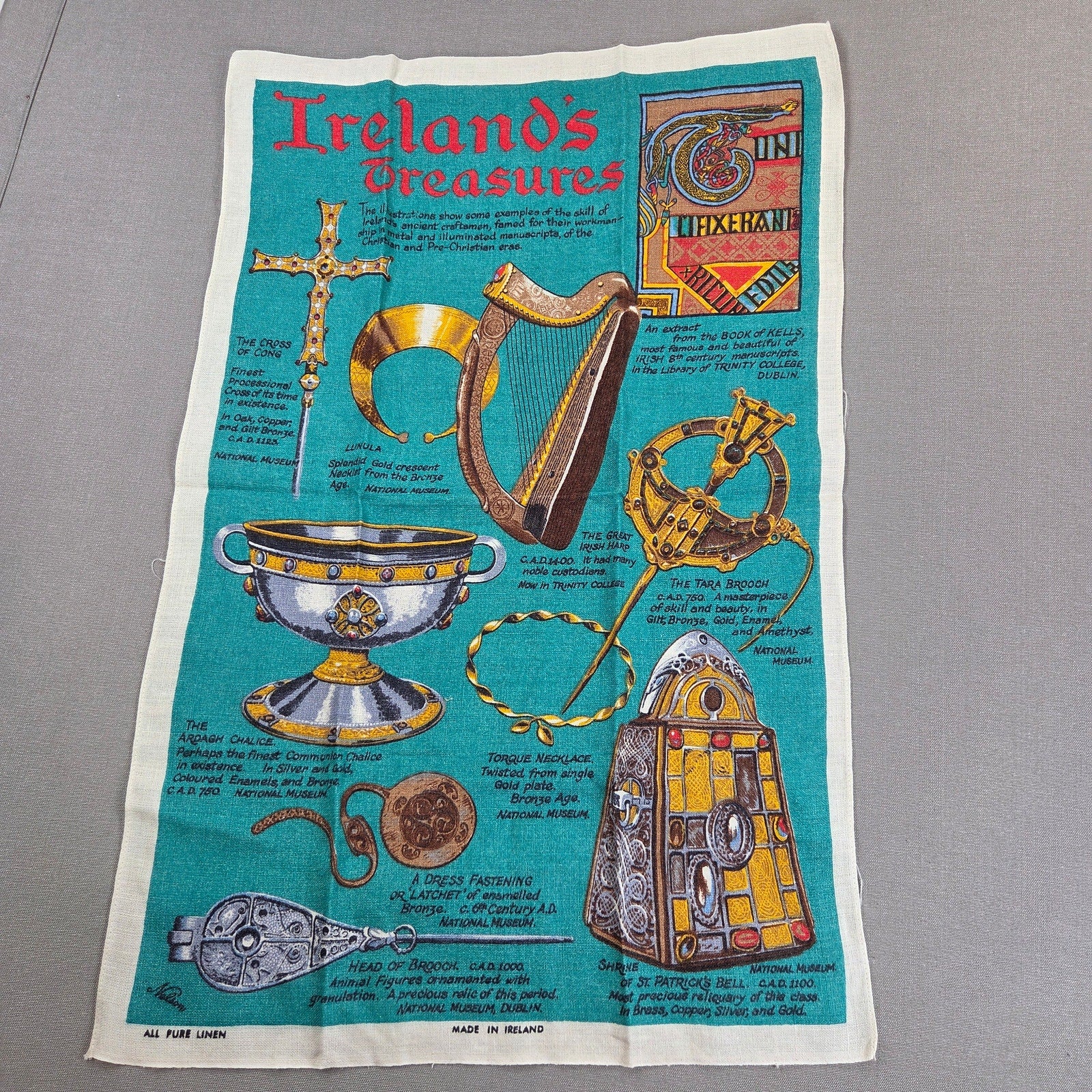 Vintage Nelson Ireland's Treasures Pure Linen Tea Towel Made In Ireland 29x19