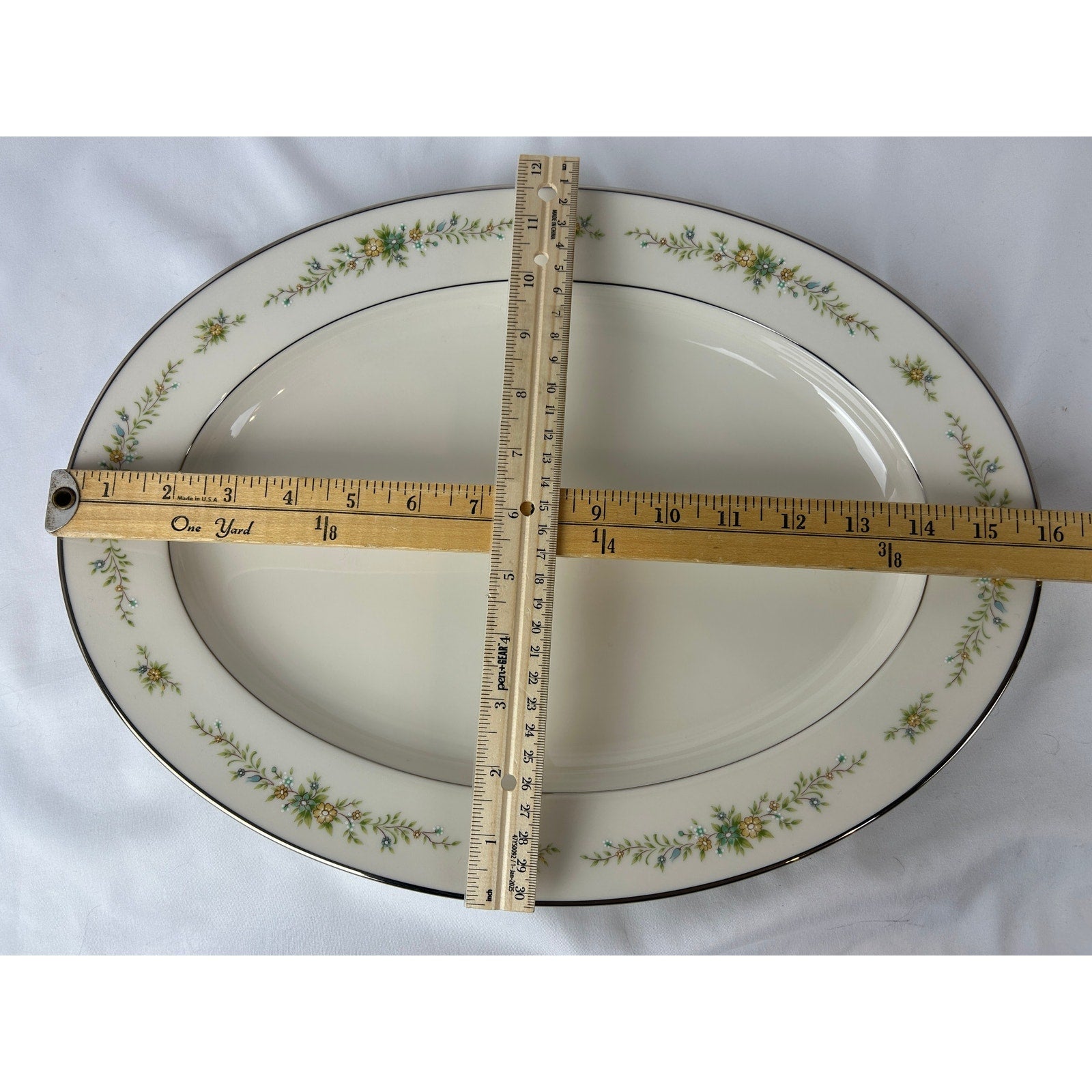 Noritake Christina 7056 Oval Serving Platter Ivory China Floral Silver Trim